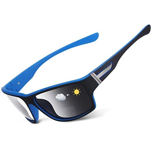 SKYOAK SKYOAK Premium Lightweight Photochromic Bifocal Reading Sunglasses TR90 Frame Wrap Around Design Blue Light Blocker UV 400 Protection Outdoor Sun Reader Driving/Fishing/Running/Cycling (Blue +2.0)