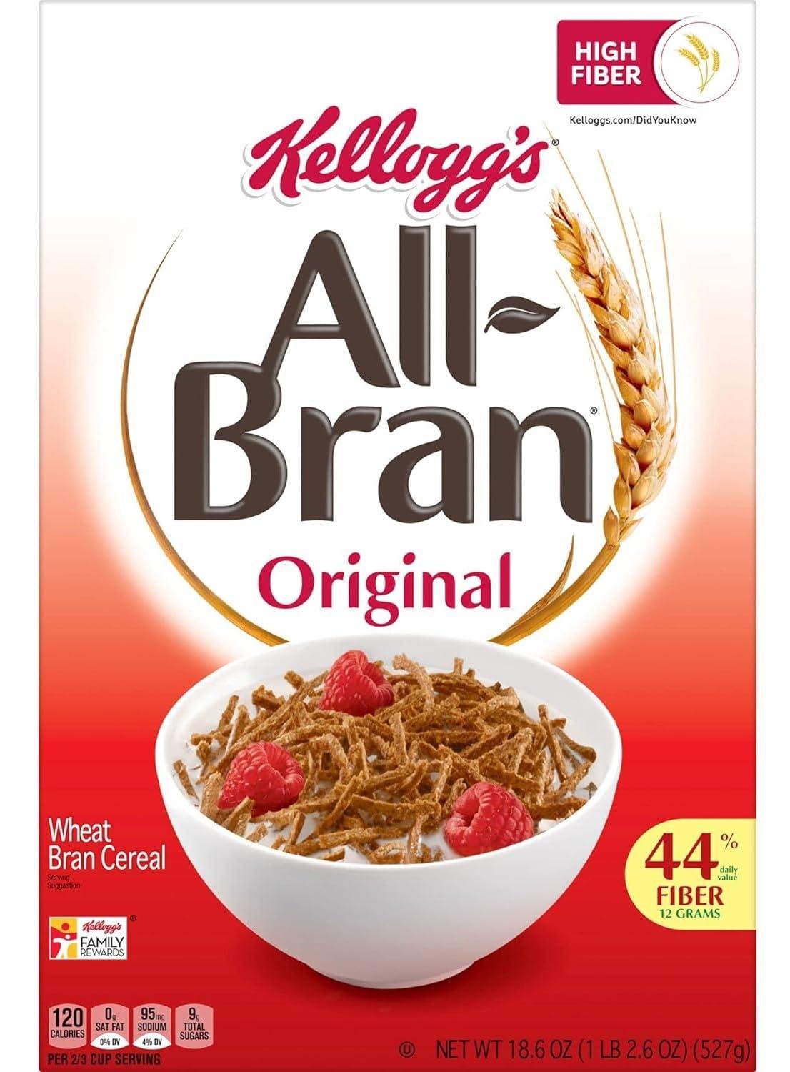Kelloggs Generic Kelloggs.All Bran Breakfast Cereal - 8 Vitamins and Minerals - High Fiber Cereal - Original - 18.6 Oz Box - Pack of 6