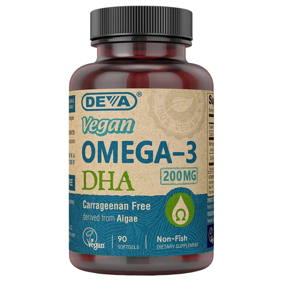 Deva Vegan Vitamins DEVA Vegan Omega-3 DHA Supplement - Once-Per-Day Softgels 200 MG - Carrageenan Free - Gelatin Free - Non-Fish - Algae Oil Omega-3 Fatty Acids - 90 Softgels