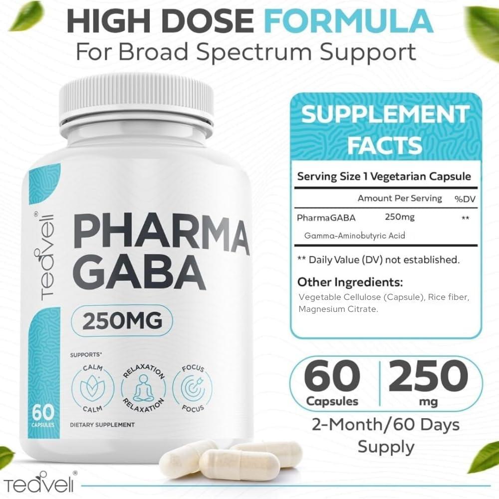 Teaveli Pharma GABA 250 mg Naturally Fermented GABA Supplement Clinically Proven to Support Relaxation, Cognitive Health, Sleep & Focus PharmaGABA Complements L-Theanine- Alternative to Gummies & Chewables
