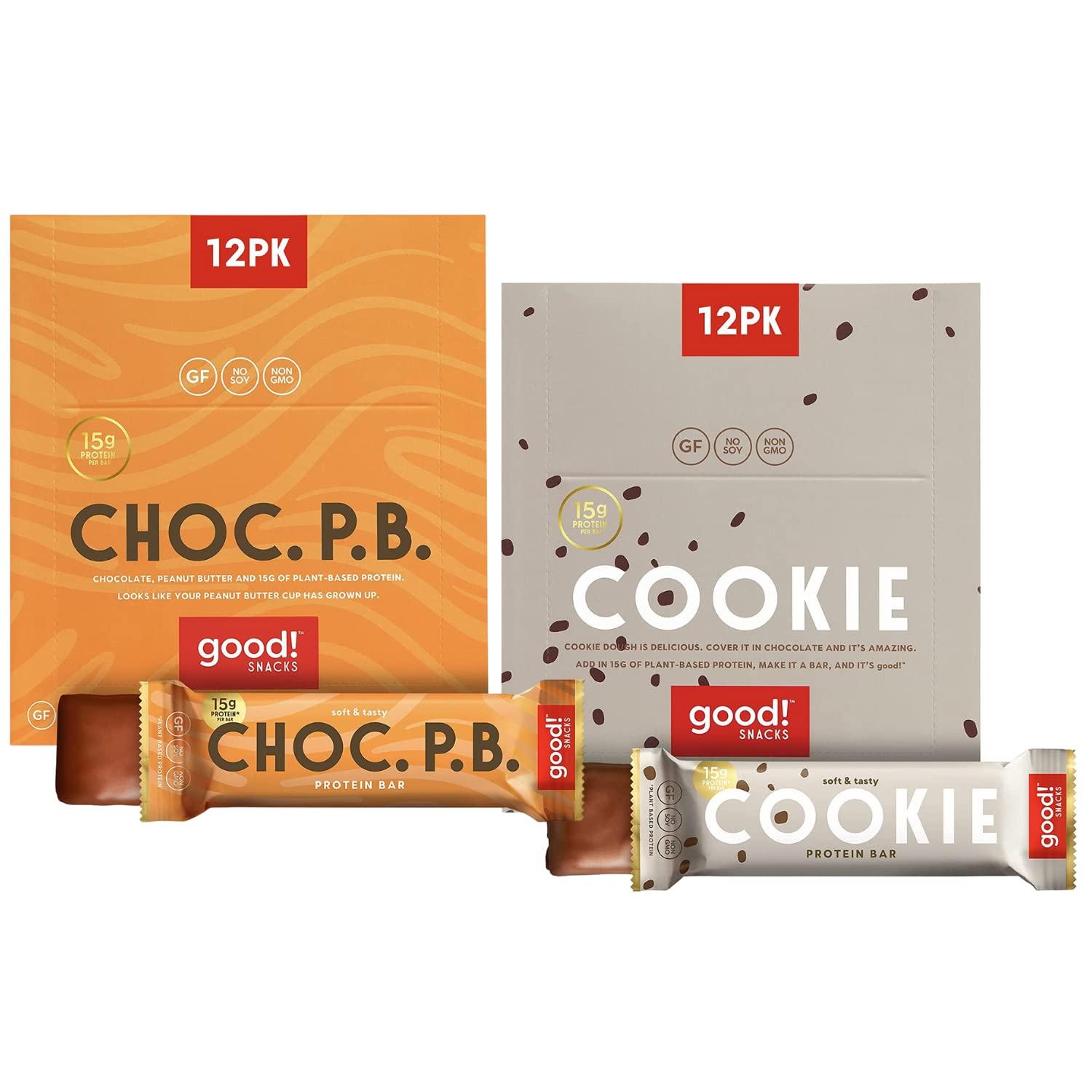 good! good! Snacks Vegan Protein Bars Bundle, Chocolate Peanut Butter & Cookie Dough (24 Bars) Gluten-Free, Plant Based, Low Sugar, High Protein Meal Replacement, Healthy Snacks for Energy, 15g Protein