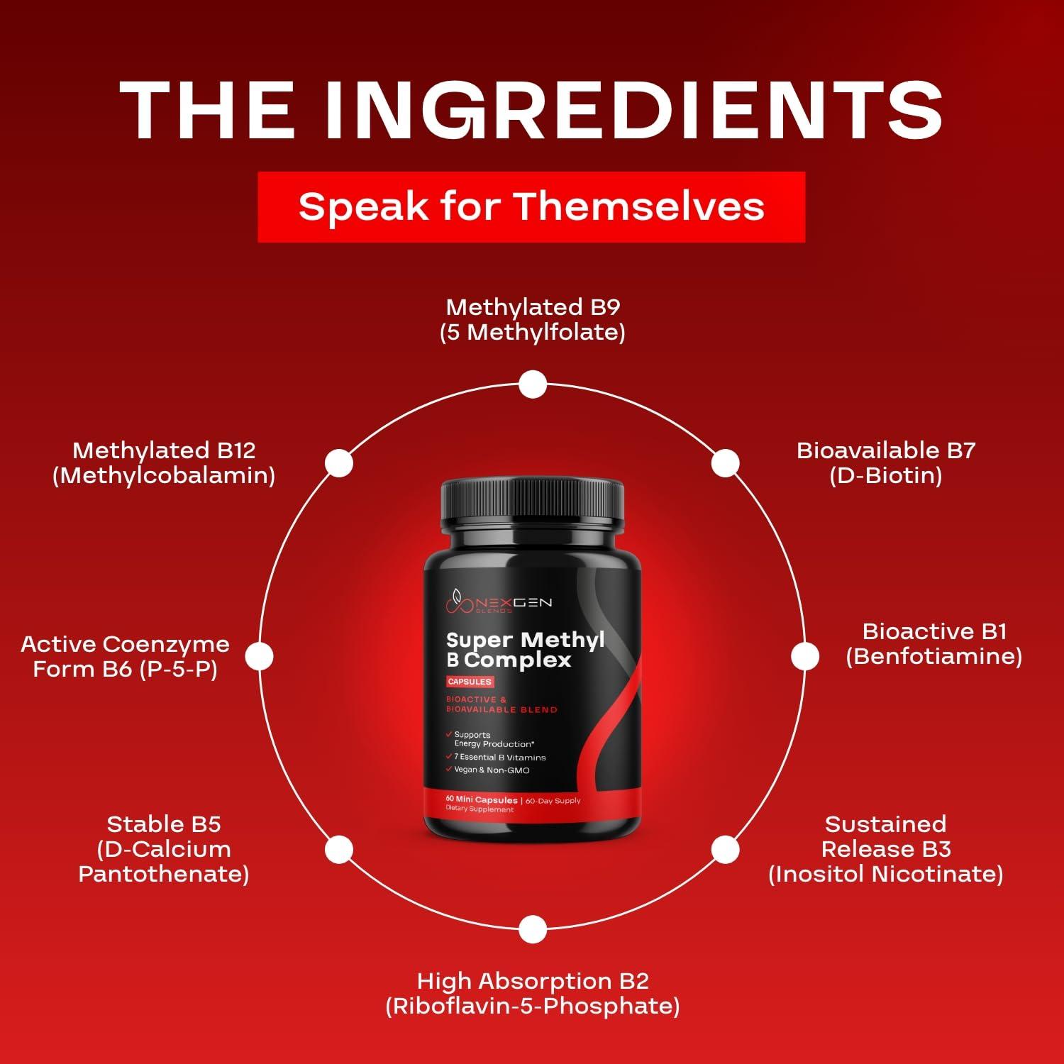 NEXGEN BLENDS Methylated B Complex Vitamin Supplement - Bioactive Methyl B Complex with 5-MTHF Methyl Folate & B12 Methylcobalamin for Brain Heart Energy & Homocysteine Support - Super Vitamin B Complex - 60 Caps