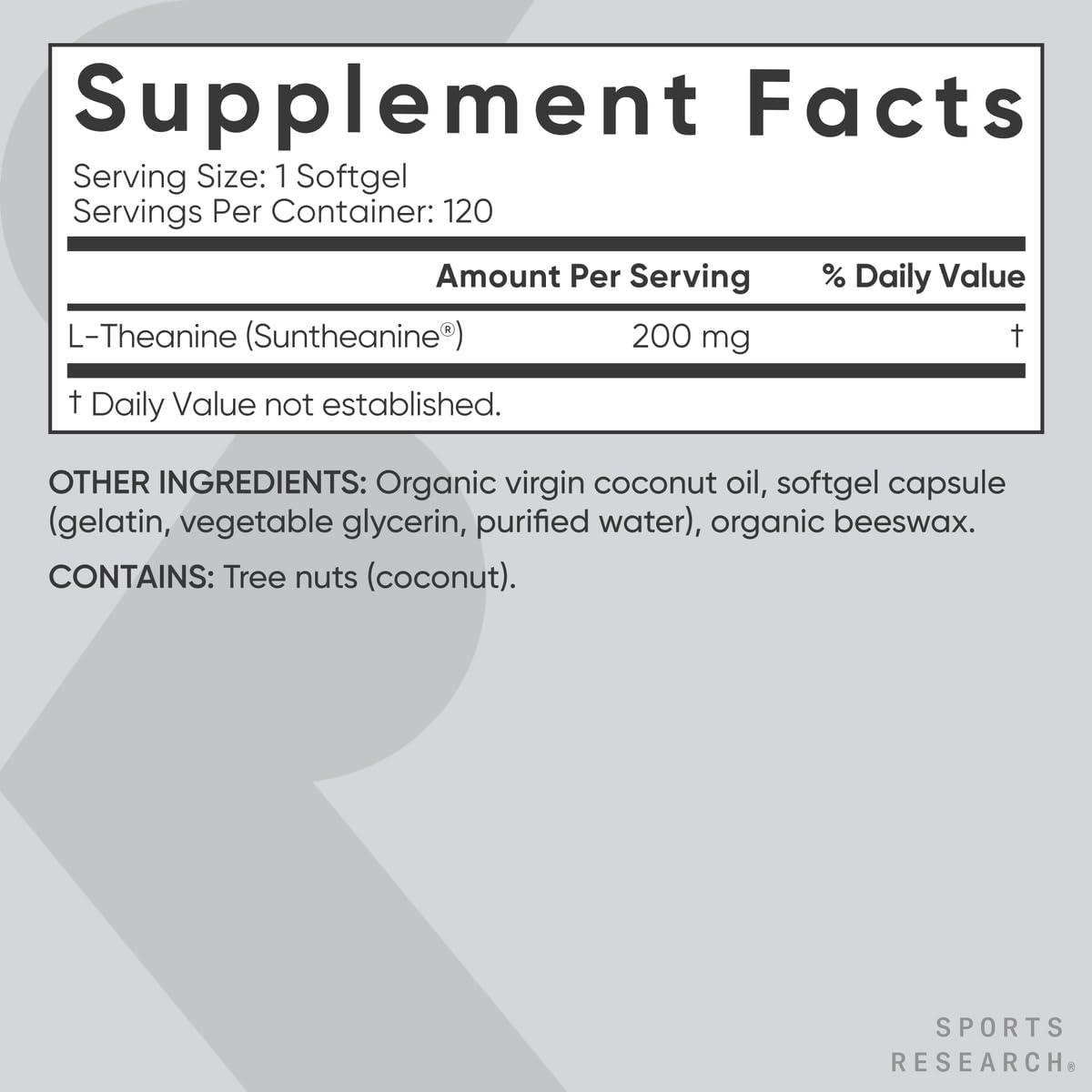 Sports Research Sports Research L-Theanine 200mg with Organic Coconut Oil | Suntheanine Supplement for Focus, Relaxation & Alertness | Double Strength, Non-GMO & Gluten Free