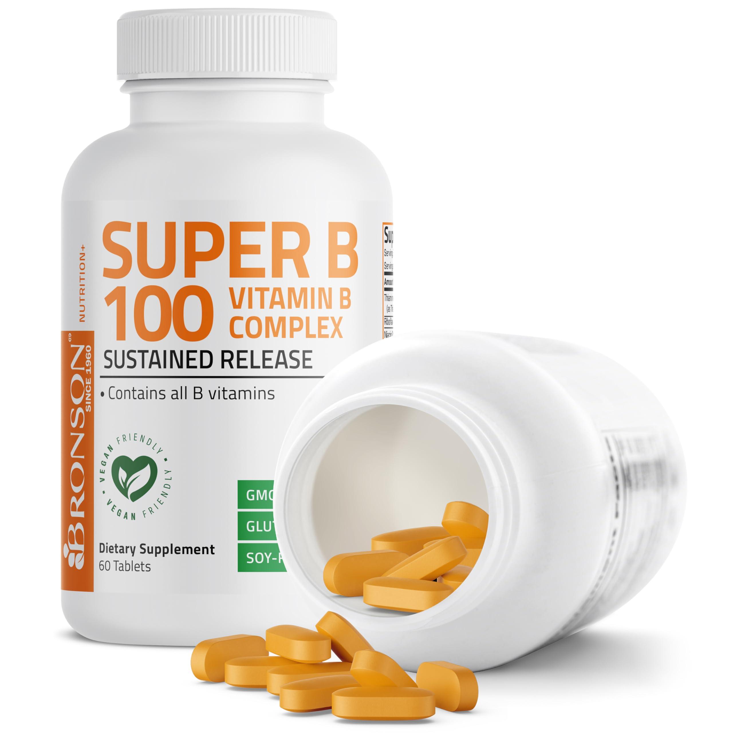 Bronson Bronson Vitamin B 100 Complex High Potency Sustained Release (Vitamin B1, B2, B3, B6, B9 - Folic Acid, B12), 60 Tablets