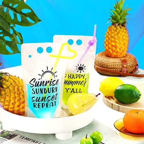 CHENGU Summer Drink Pouches with Straws Beach Drink Pouches for Adult Translucent Party Beverage Bags Stand up Juice Pouches Plastic Drink Container with Zipper Juice Freezer Bags for Party Favor (60 Sets)