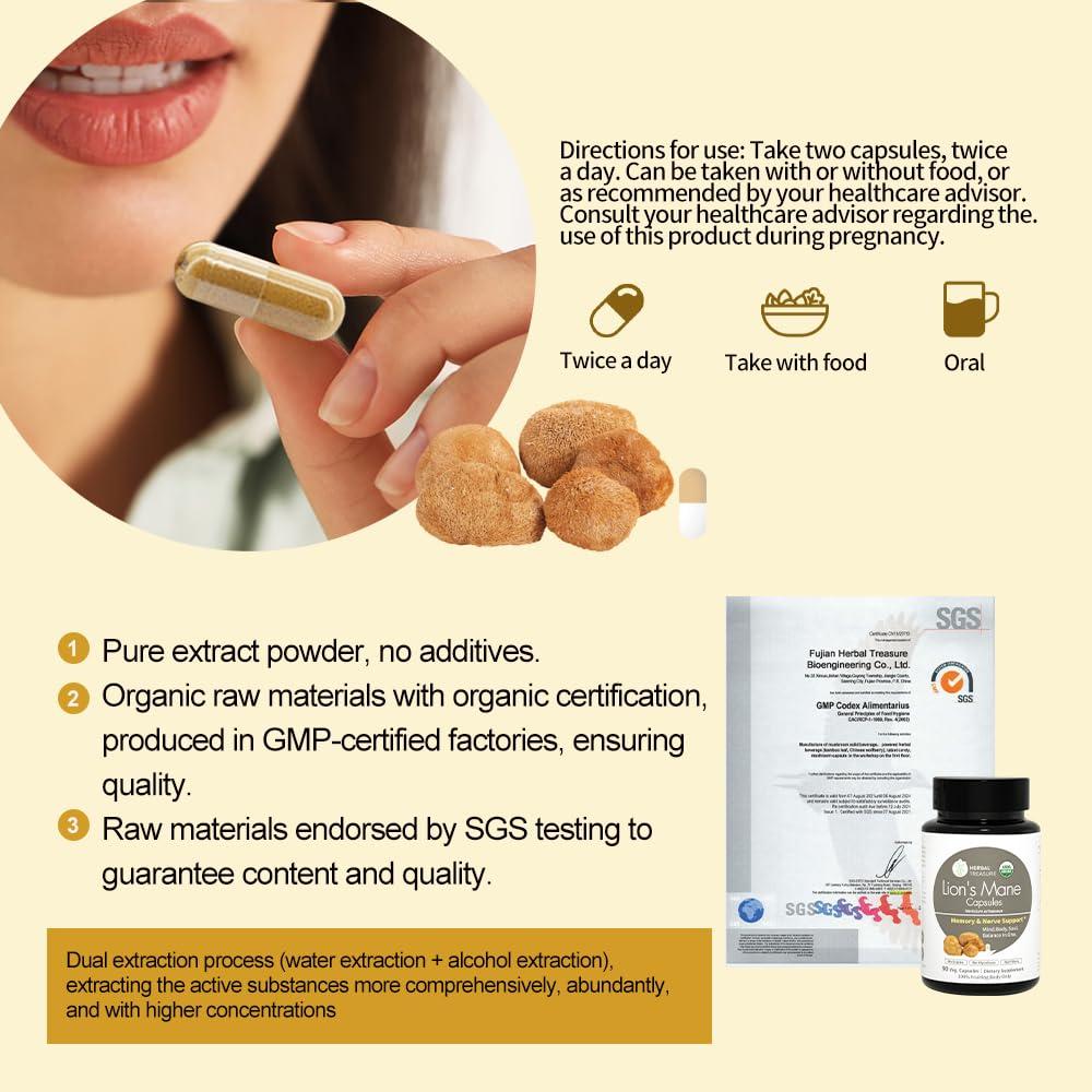 WL Herbal Treasure Herbal Treasure Lions Mane Supplement Capsules, Made with Organic Lions Mane Powder for Mental Clarity and Focus Supplements, 800mg Lions Mane Powder Organic Organic Mushroom Supplement 90 Caps