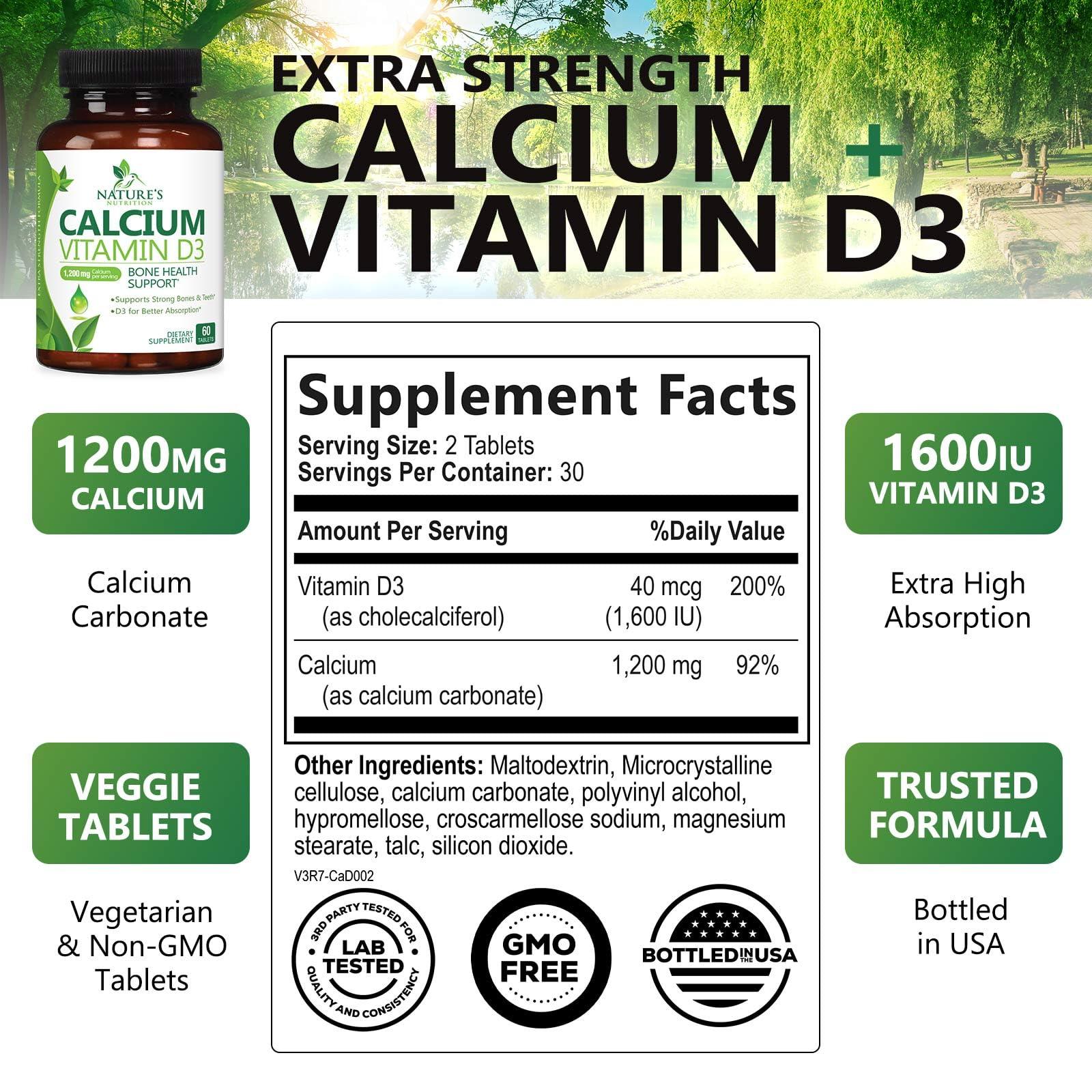 Nature's Nutrition Calcium 1200 mg with Vitamin D3, Calcium Supplement Vitamins, Supports Bone Strength, Teeth & Immune System, Calcium Supplements for Women & Men, Nature\'s Absorbable Calcium Carbonate - 60 Tablets