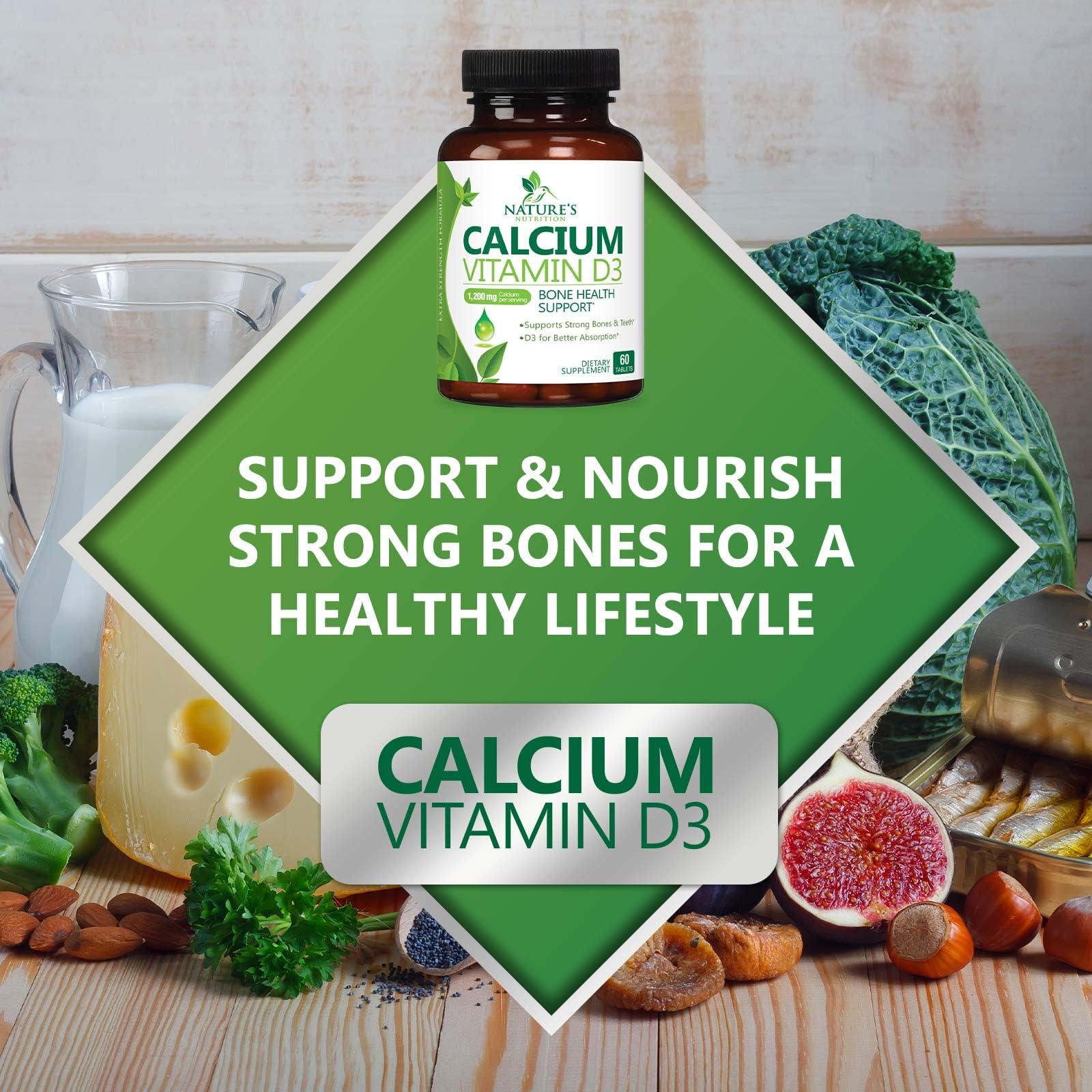 Nature's Nutrition Calcium 1200 mg with Vitamin D3, Calcium Supplement Vitamins, Supports Bone Strength, Teeth & Immune System, Calcium Supplements for Women & Men, Nature\'s Absorbable Calcium Carbonate - 60 Tablets