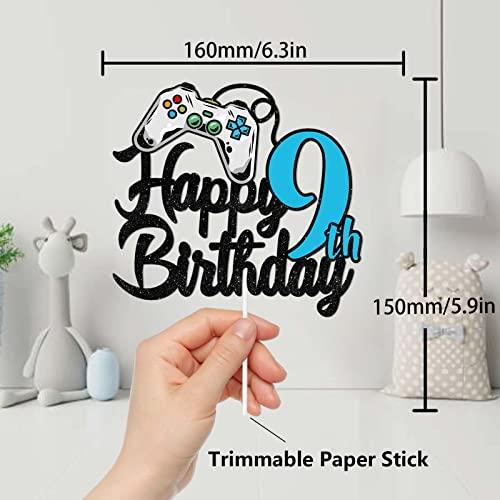 GZBJMYGS Happy 9th Birthday Cake Topper Party Video Games Decorations Black Blue Glitter - Cheers to 9 Years Level Up Theme Game On Winner Supplies for Boys or Girls