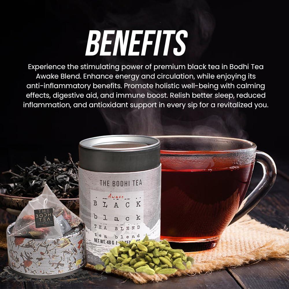 The Bodhi Press The Bodhi Press 100% Natural Ingredients Awake Black Tea Blend, Caffeine Free | Premium Pyramid Black Tea Bags, Cardamom & Rhododendron Flower | Aromatic Beverage - 8 Bags, 3g Each