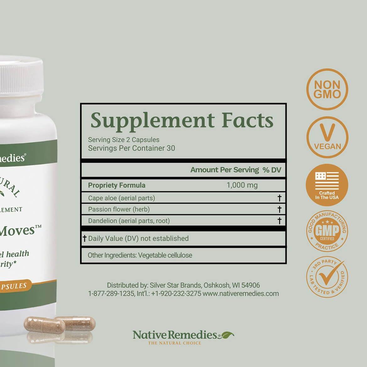 Native Remedies Native Remedies Natural Moves - All Natural Herbal Supplement Promotes Bowel Health and Regularity as Related to Constipation - 60 Veggie Caps