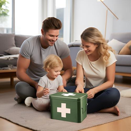 Flexzion Flexzion First Aid Box Organizer, Empty 8.5 Inch Green Vintage First Aid Kit Tin Metal Medical Box First Aid Storage Box Container Bins with Dividers, Removable Tray and Cross Logo