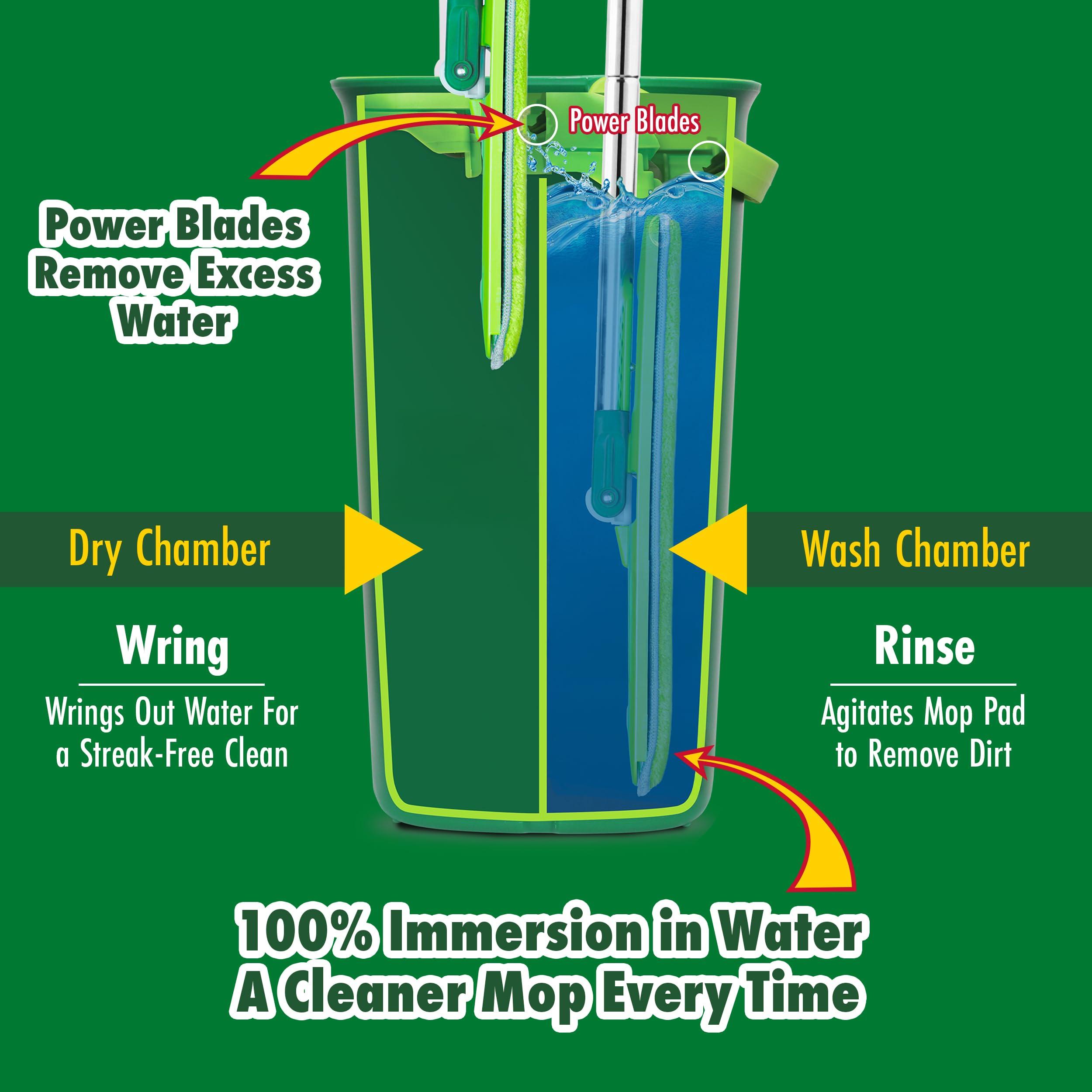 Libman Libman Rinse \'n Wring Mop and Bucket System | Microfiber Floor Mop | Hardwood Floor Cleaner | Wet & Dry Mop | Clean & Dirty Water Chambers | Power Blades | 2 Total Microfiber Pads,Green