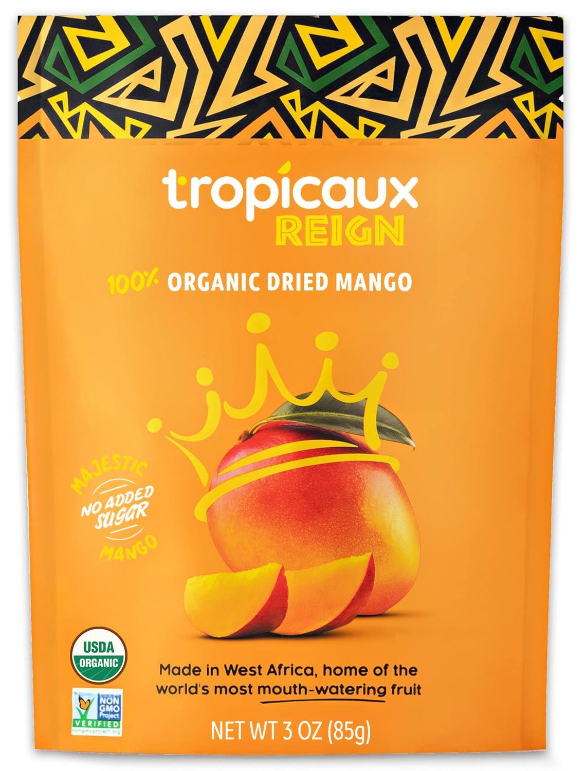 Tropicaux Reign Organic Dried Mango No Sugar Added, 3oz, Pack of 2 (6oz Total) - Delicious and Nutritious Non-GMO Dried Mangoes - No Preservatives or Chemicals - Perfect Snack for Kids & Adults by Tropicaux Reign