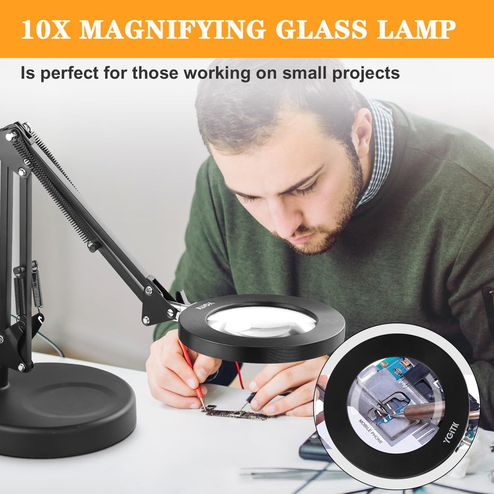 BBYESE 10X Magnifying Glass with Light and Stand Desk Magnifying Glass Light Table Loupe with Heavy Base 3 Color Dimmable LED Lamp for Close Work Precision Machinery Repair Reading Craft