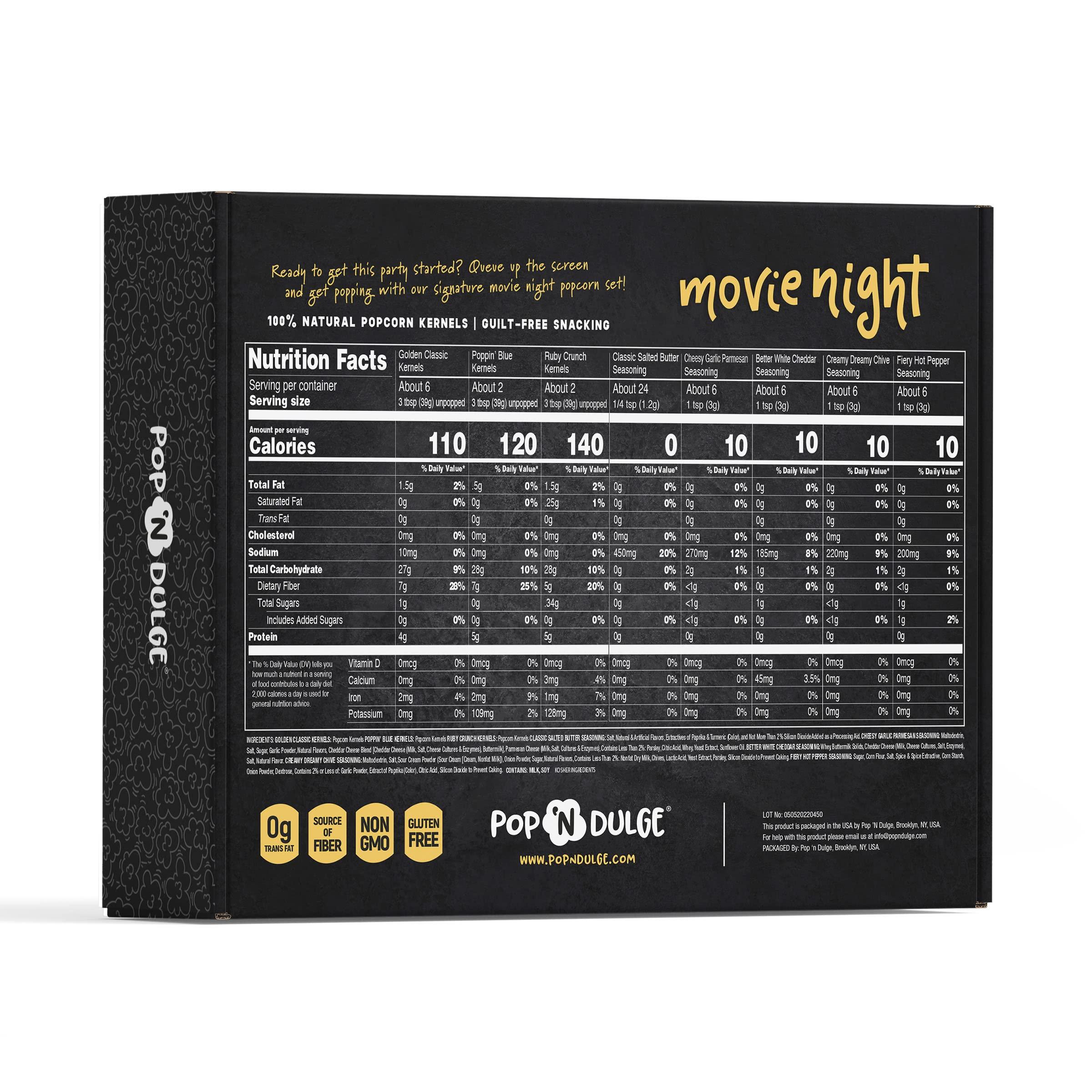 Pop n' Dulge Popcorn Movie Night Supplies Popcorn Kernels Popcorn Seasoning 16 Pack, 5 Gourmet Popcorn Kernels, 5 Popcorn Seasoning Variety Packs Non-GMO Snacks, Includes 6 Bags, Gift Basket Idea