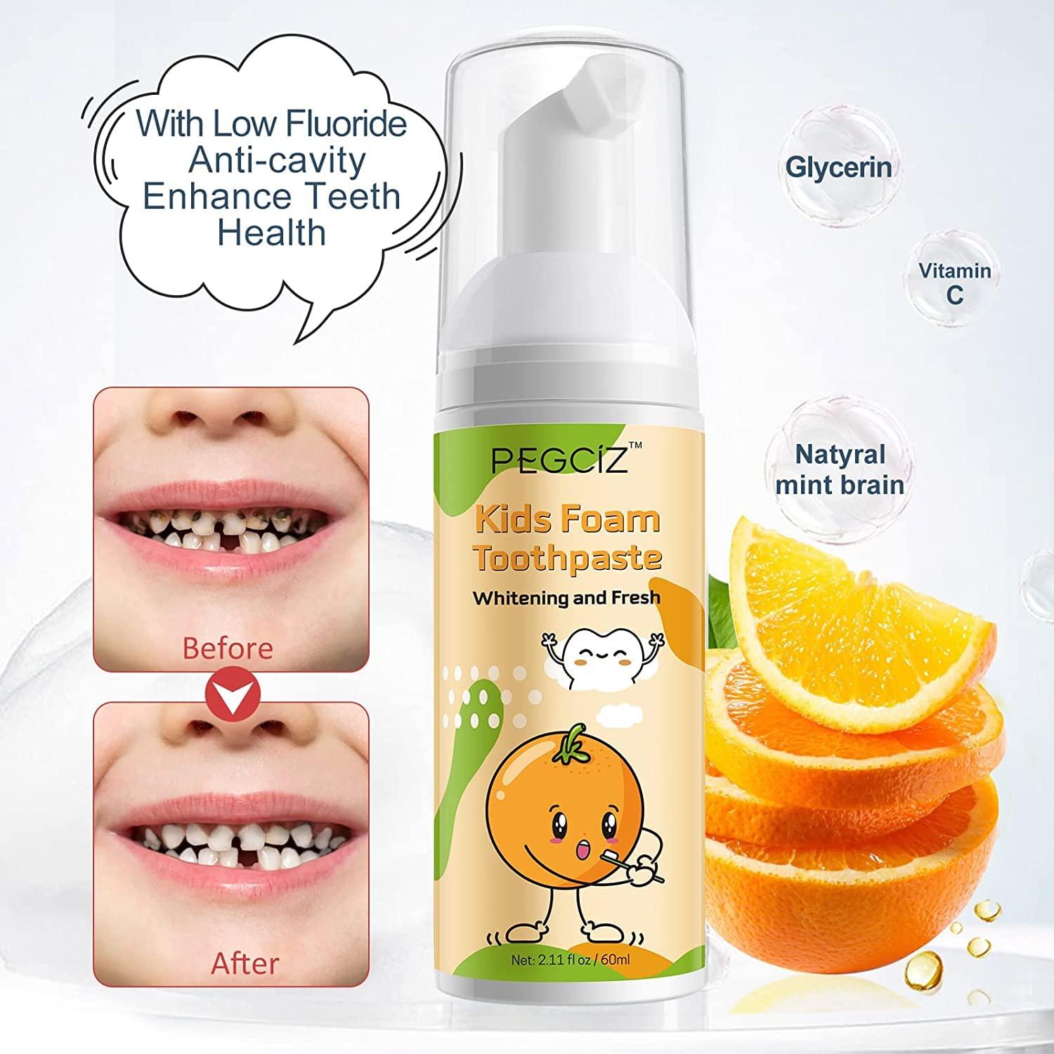 Pegciz Foam Toothpaste Kids with Fruit Flavor, Toddler Toothpaste with Low Fluoride for U Shaped Toothbrush, Foaming Toothpaste and Mouthwash for Dental Care for Children (Blueberry+Strawberry+Orange)