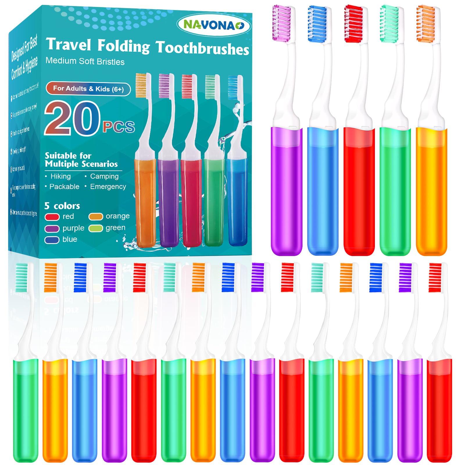 Navona 20PCS Travel Toothbrush Bulk Folding Mini Toothbrush with Toothbrush Case, Medium Potable Travel Size Toothbrush,Camping Toothbrush, individually Wrapped Toothbrush for Camping,Hiking,Traveling,School
