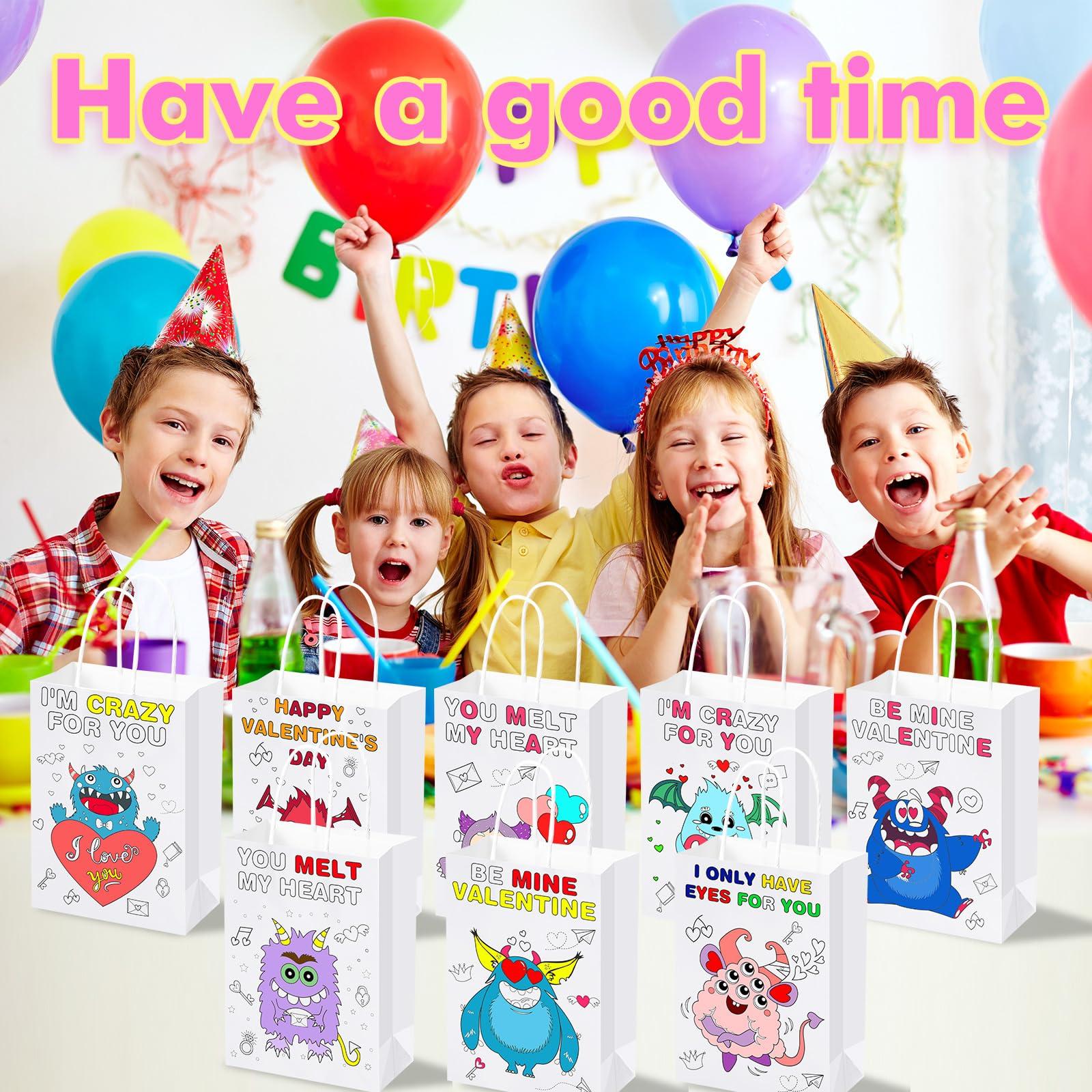 Resurhang Resurhang 100 Pcs Valentines Day Paper Gift Bags with Handle DIY Color Your Own Valentine Bags with Watercolor Pens Valentines Day Goodie Bags for Kids Party Favors Classroom Exchange Gift