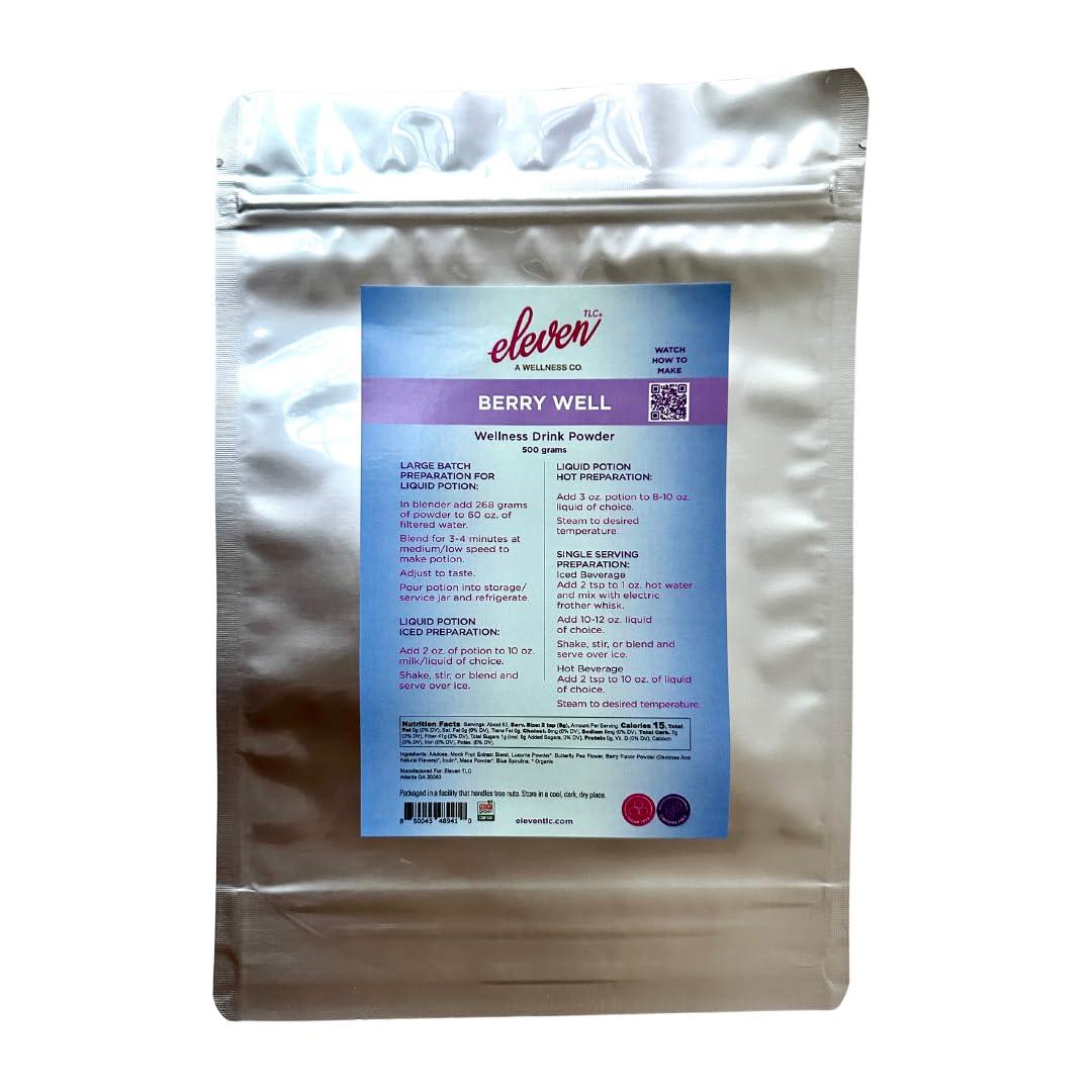 ELEVEN TLC A WELLNESS CO. Eleven TLC, Berry Well Superfood Wellness Drink Latte + Mix, Caffeine-Free, or Herbal Tea, Blue Spirulina, Blue Butterfly Pea Flower, Organic Maca, Keto Friendly, Vegan, 63 Servings