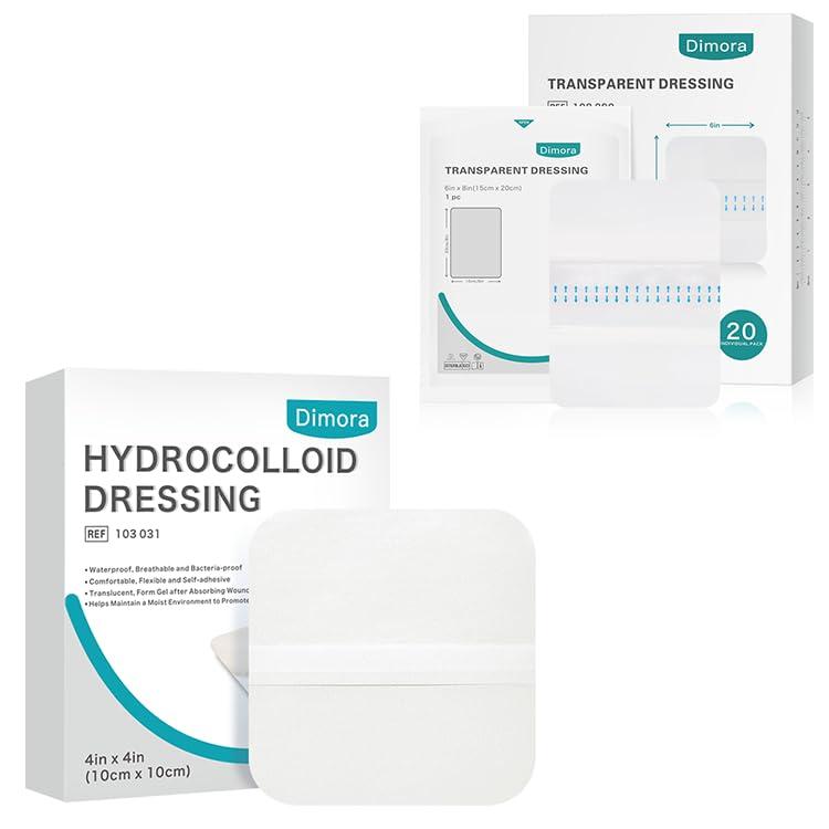 Dimora Dimora Transparent Film Wound Dressing 6x8 inch 20 Packs + Dimora Hydrocolloid Wound Dressing, 10 Pack Ultra Thin 4\" x 4\"