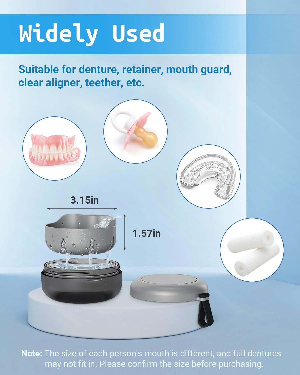 SEANCHEER Denture Bath Case, Denture Cup, Leak Proof Portable Retainer Case, Denture Cleaning Kit with Cleaner Brush, Denture Box with Strainer & Mirror, Denture Case for Aligner Retainer Mouth Guard