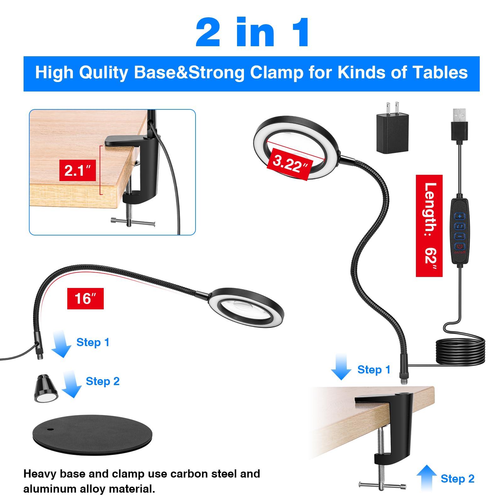 ARNVCS ARNVCS 15X Magnifying Glass with Light and Stand, Lighted Magnifying Glass, Magnifying Lamp10 Dimmable Brightness 5 Color Modes, Magnifying Glass for Reading Crafts Repair Painting Close Work