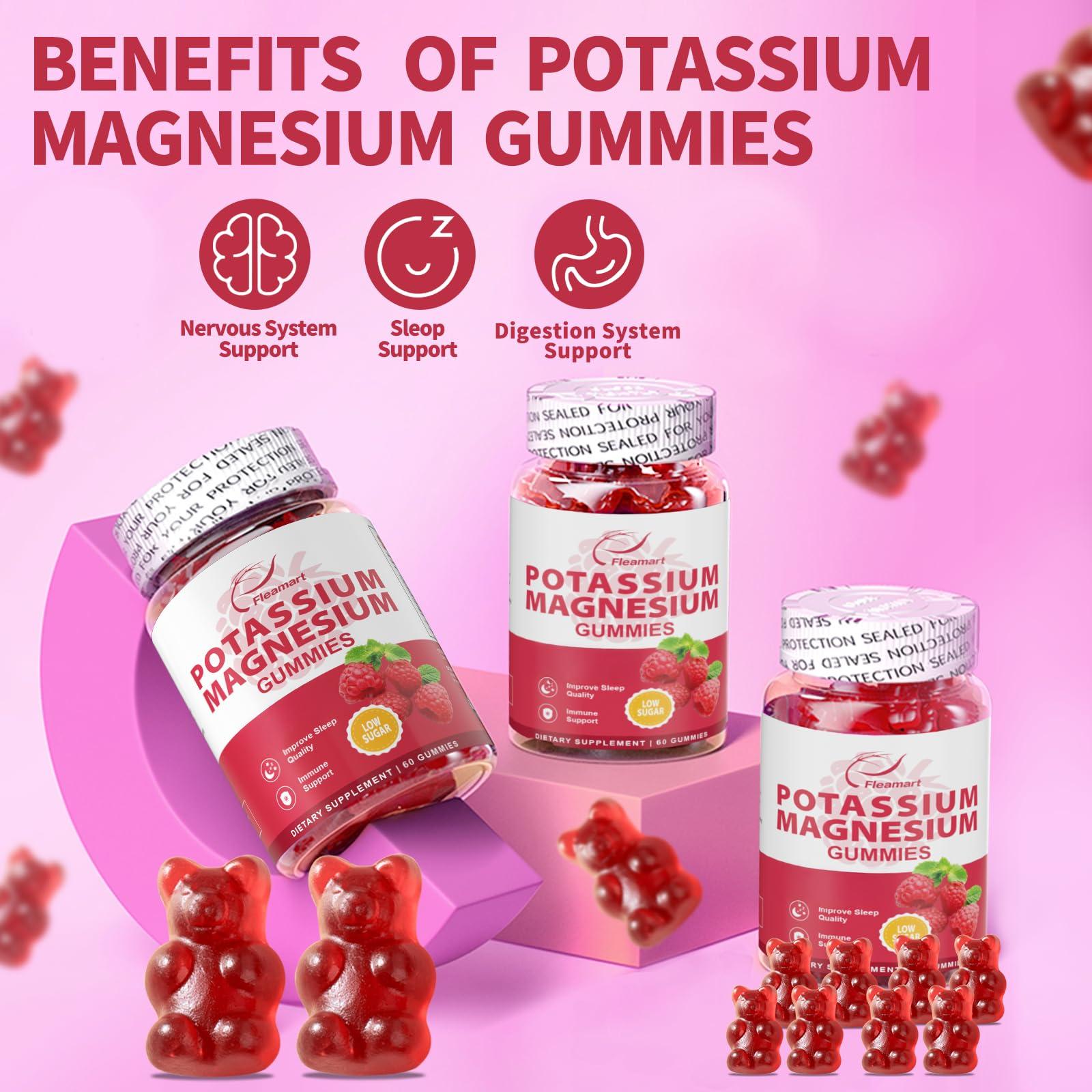 Fleamart Potassium Magnesium Gummies Potassium Citrate 99mg Magnesium Citrate 250mg Magnesium Potassium Complex Supplement, Immune Support, Leg Cramps Muscle Health, 60 Raspberry Gummies 2 Pack