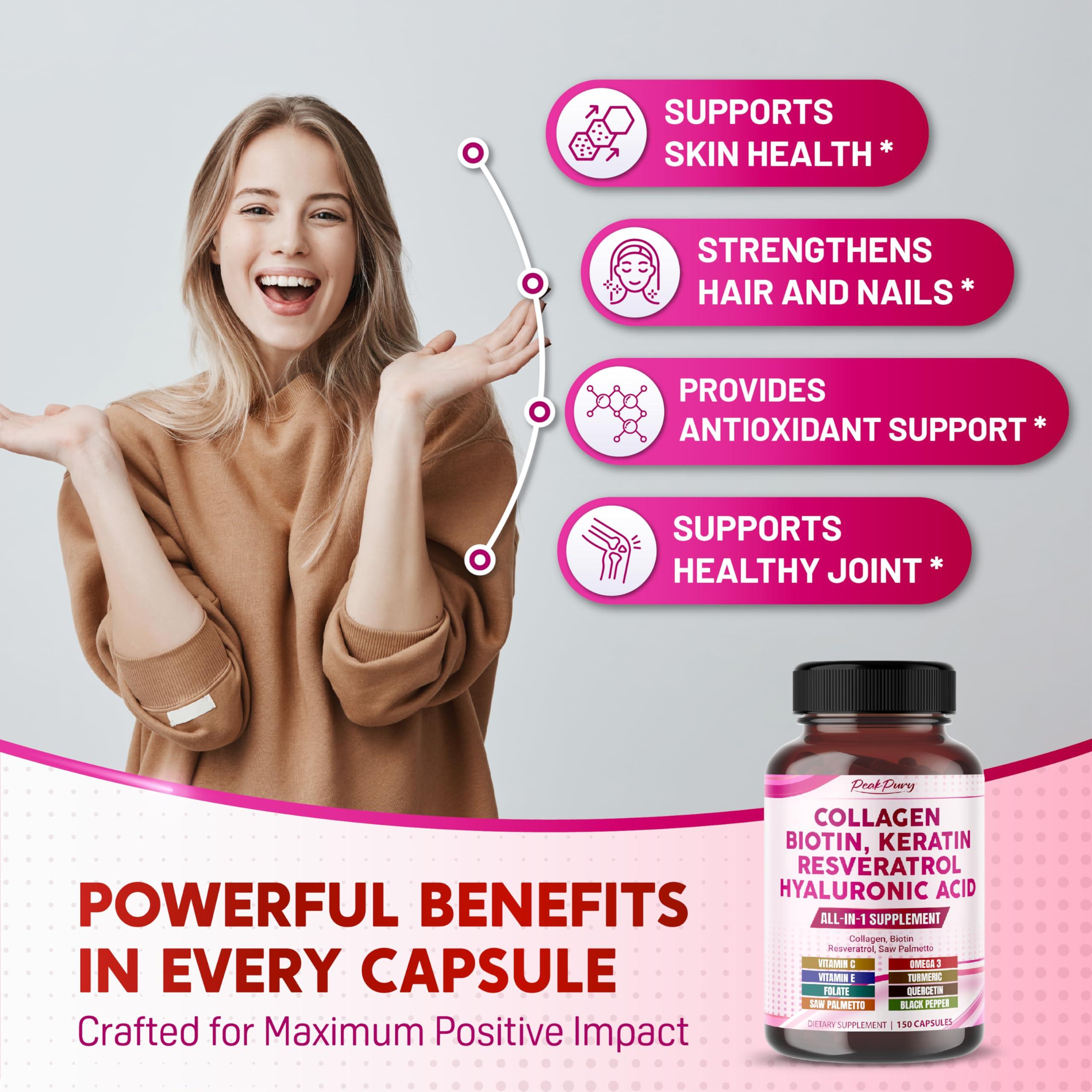 PEAKPURY PEAKPURY Collagen Biotin Resveratrol Saw Palmetto - Skin, Joint Health Support - Made in USA