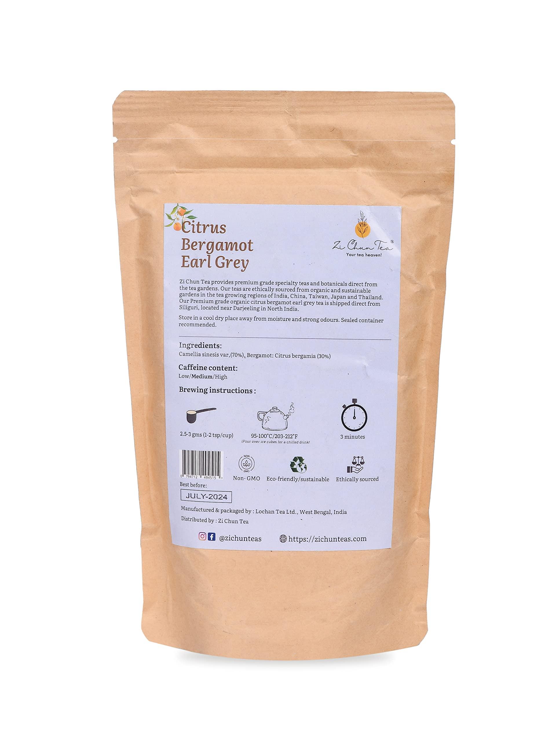 Zi Chun Tea Organic Citrus Bergamot Earl Grey Tea : Loose Leaf Autophagy Tea with Extra Bergamot pieces Not your Regular Earl Grey : A Full 30% Citrus Bergamot - 3.5 ounces