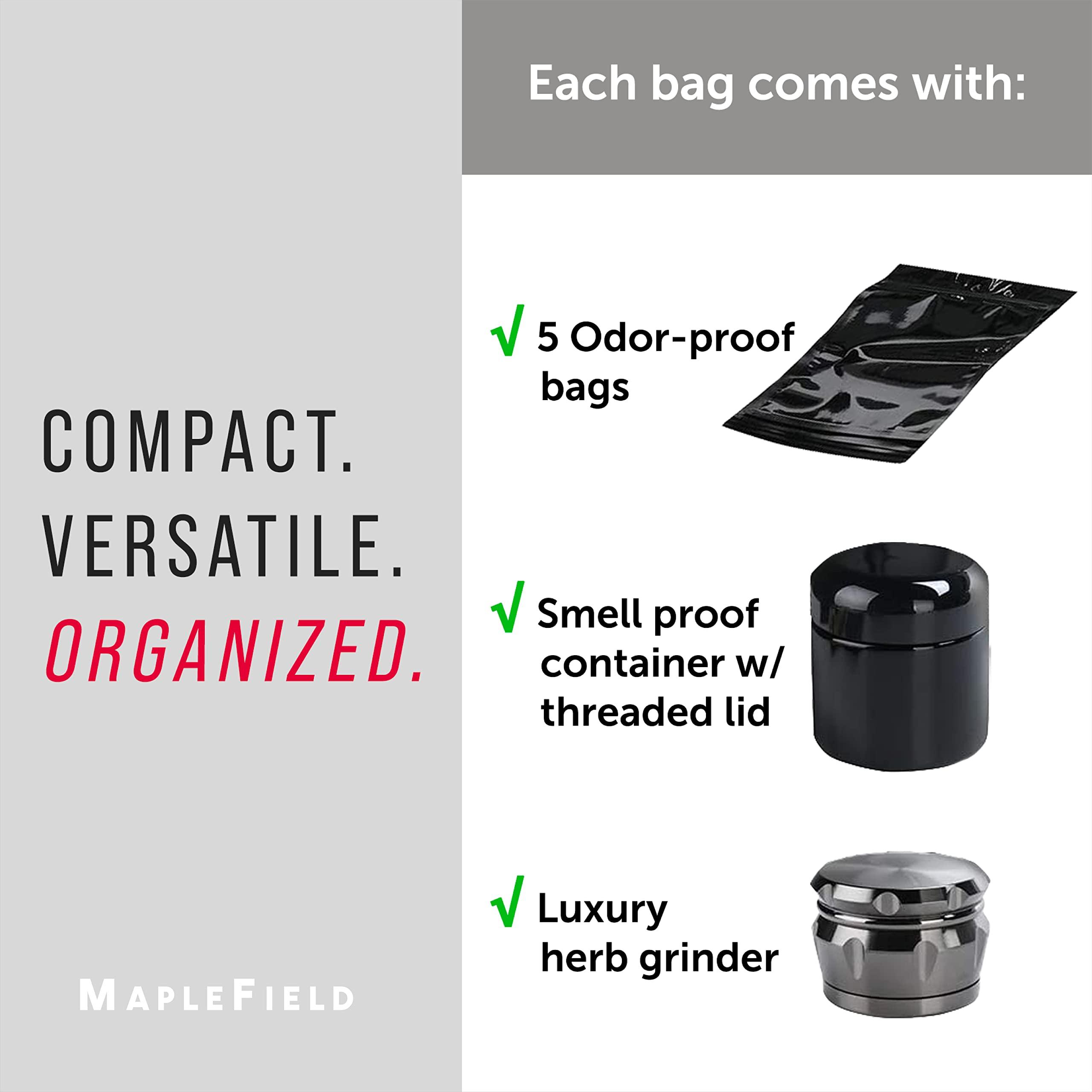 Maplefield Smell Proof Stash Box for Herbs and Spices - Smell Proof Bag with Grinder, Bags and Container - Take Your Stash With You - Odor Proof Container for Food - Smellproof Lockbox for Discreet Carrying