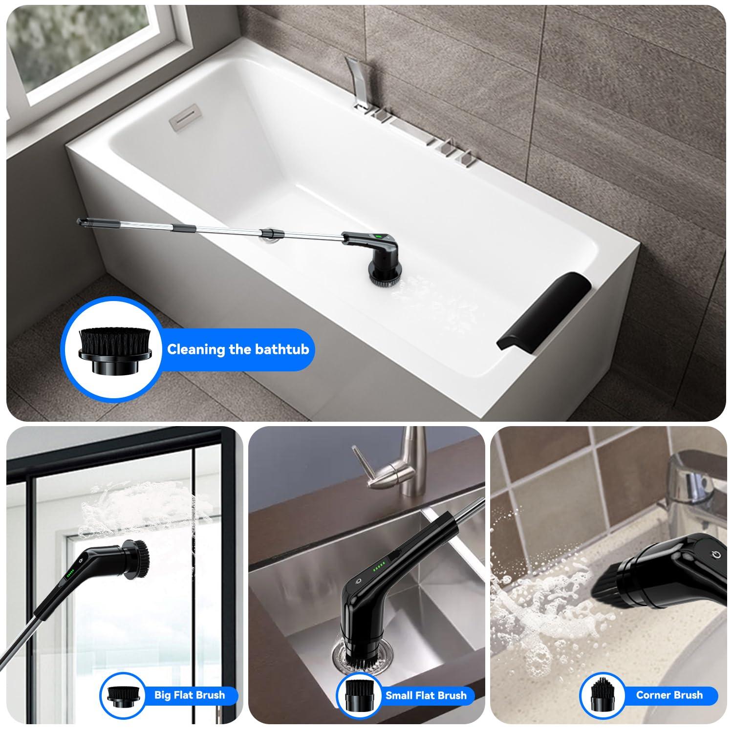 RERBIO Electric Spin Scrubber,Bathroom Cleaning Brush with Long Handle 8 Replaceable Brush Heads, 2 Adjustable Speeds, Cordless Power Cleaning Brushes for Bathtub Grout Tile Floor