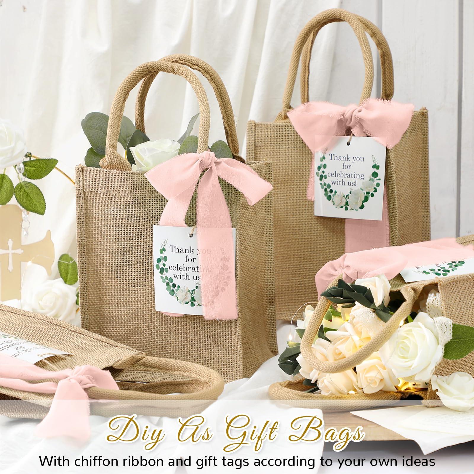 GliCraft GliCraft 20 Pack Burlap Tote Bags with Handles Reusable Jute Gift Bags Thank You Gift Tags Chiffon Silk Ribbons for Wedding Invitations Parties and Baby Showers Bridesmaid(Pink)