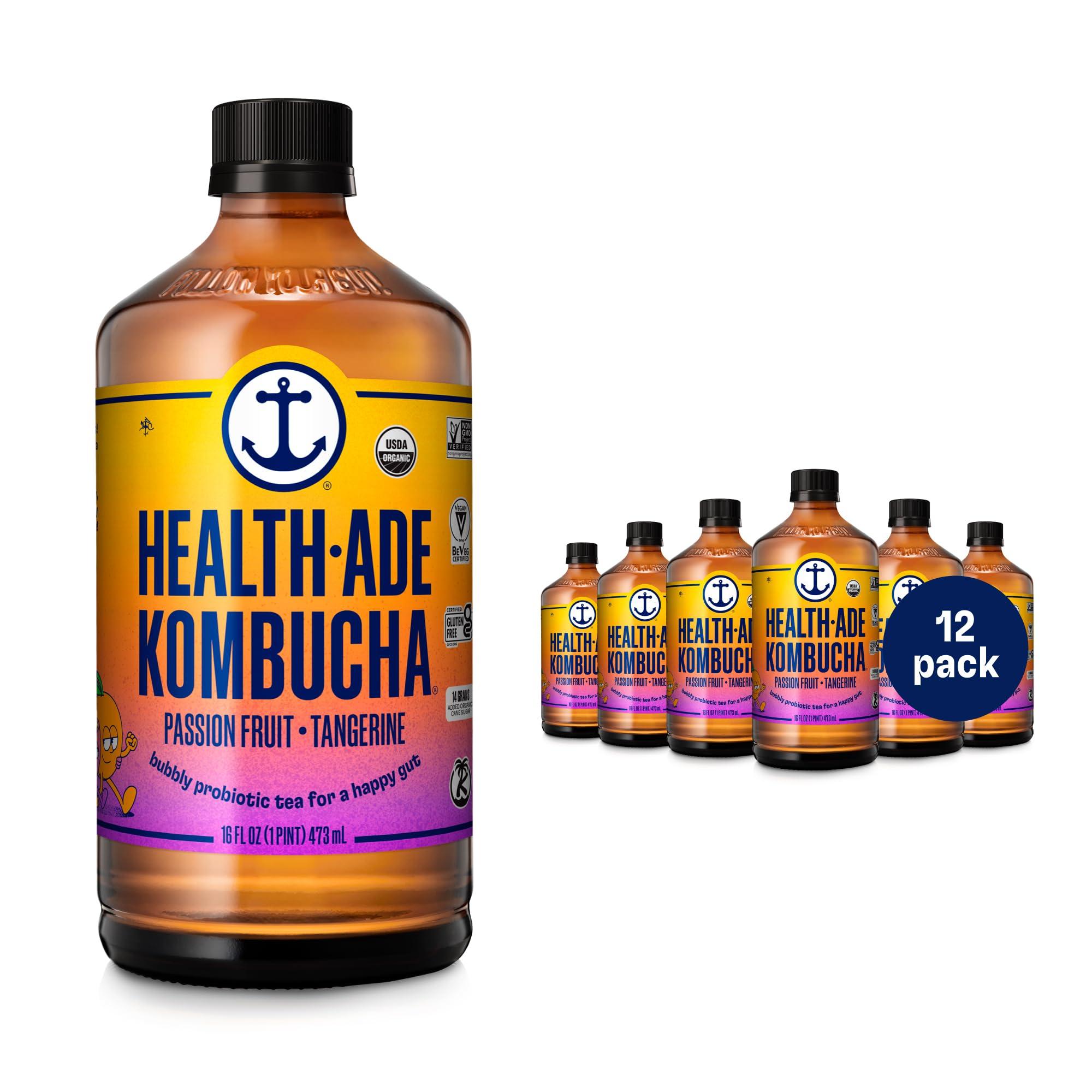Health-Ade Health-Ade Kombucha Tea Organic Drink, Fermented Tea with Living Probiotics, Detoxifying Acids, Supports Gut Health, Non-GMO, Vegan, Gluten Free, 12 Pack (16 Fl Oz Bottles), Passion Fruit Tangerine