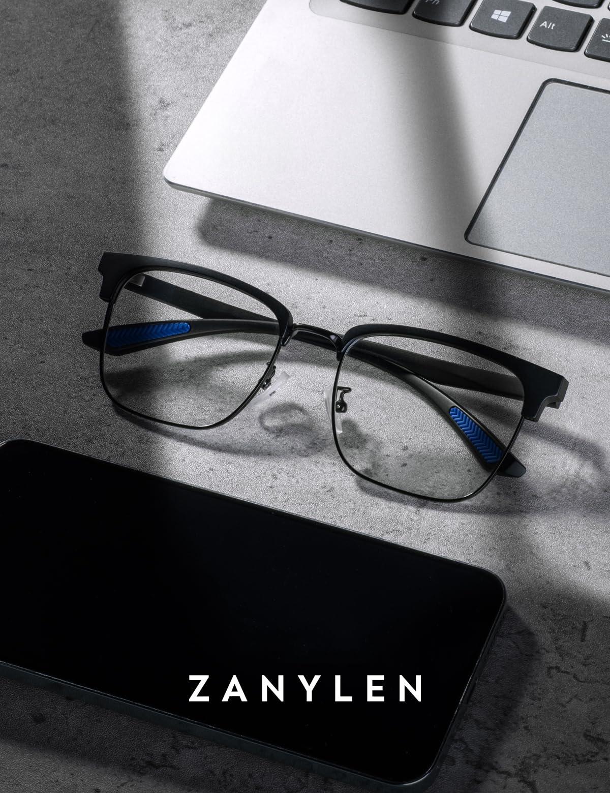 ZanyLen ZanyLen Blue Light Glasses Men Rectangle Large Browline Computer Gaming Glasses Blue Blocker Anti-Glare UV400 Protection Clear Lens (Black Metal/Black TR90 Glasses)