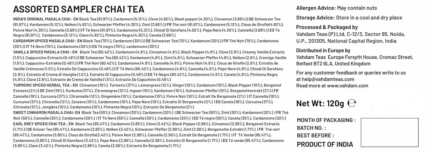 VAHDAM VAHDAM, Assorted Chai Tea Bags Sampler (5 Flavors, 20 Ecofriendly Pyramid Tea bags) I Valentines Day Gift Ideas for Women & Men | Masala Chai Tea Varieties from India | Gluten Free & Non GMO