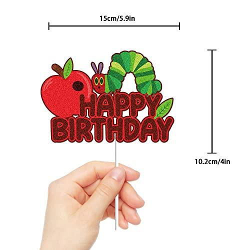 LINGBOOM Hunger Caterpillar Happy Birthday Cake Topper Fairy tales Very Hungry Caterpillar Butterfly Birthday Cake Decoration Red Glitter Juicy Fruit Theme Birthday Party Supplies