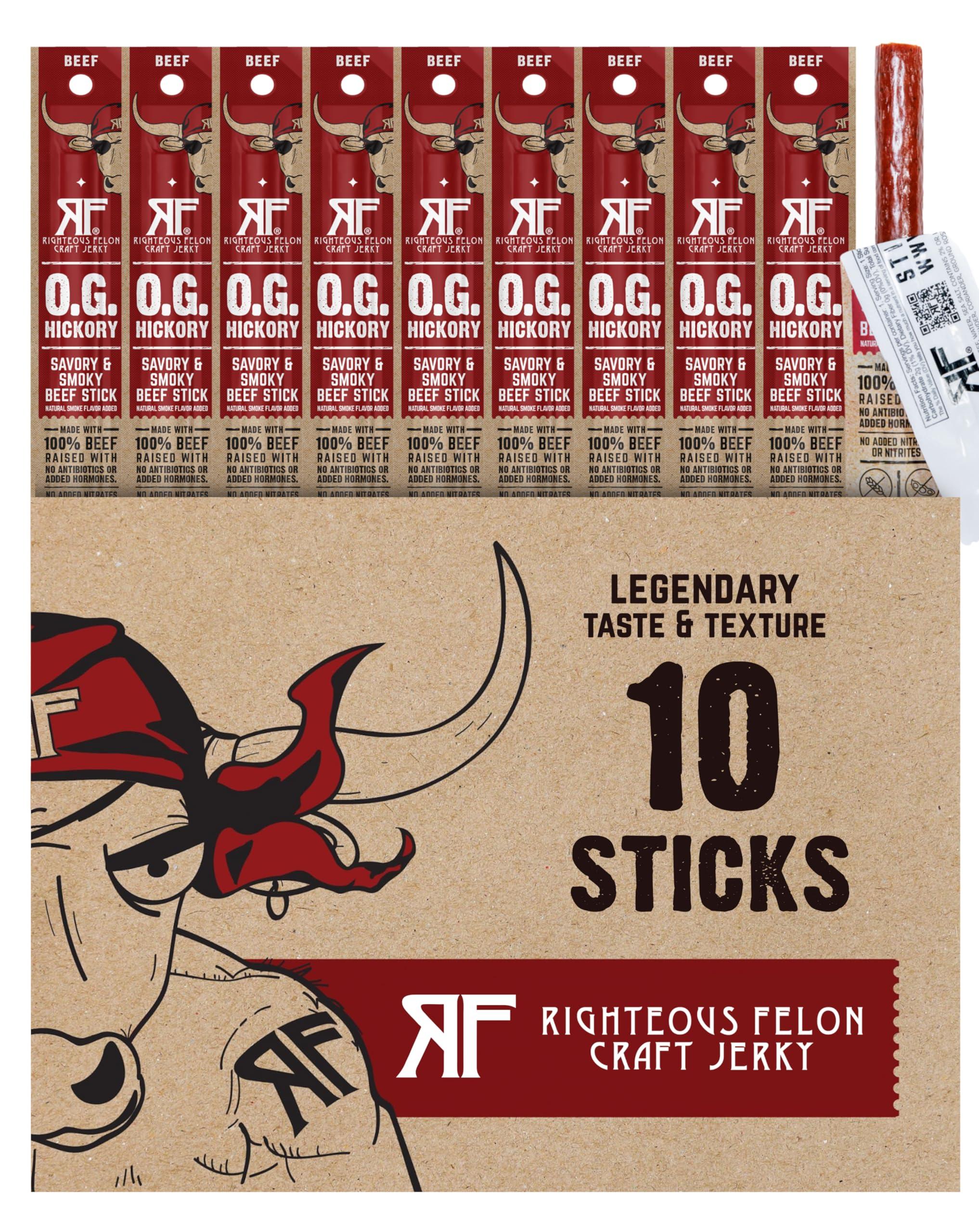 RIGHTEOUS FELON Righteous Felon Meat Sticks | 100% Beef Sticks | Gluten Free & Keto Meat Sticks | Low Sugar & High Protein Meat Sticks | Healthy Snack for Adults | Jerky Gifts for Men | OG Hickory, 10 Pack