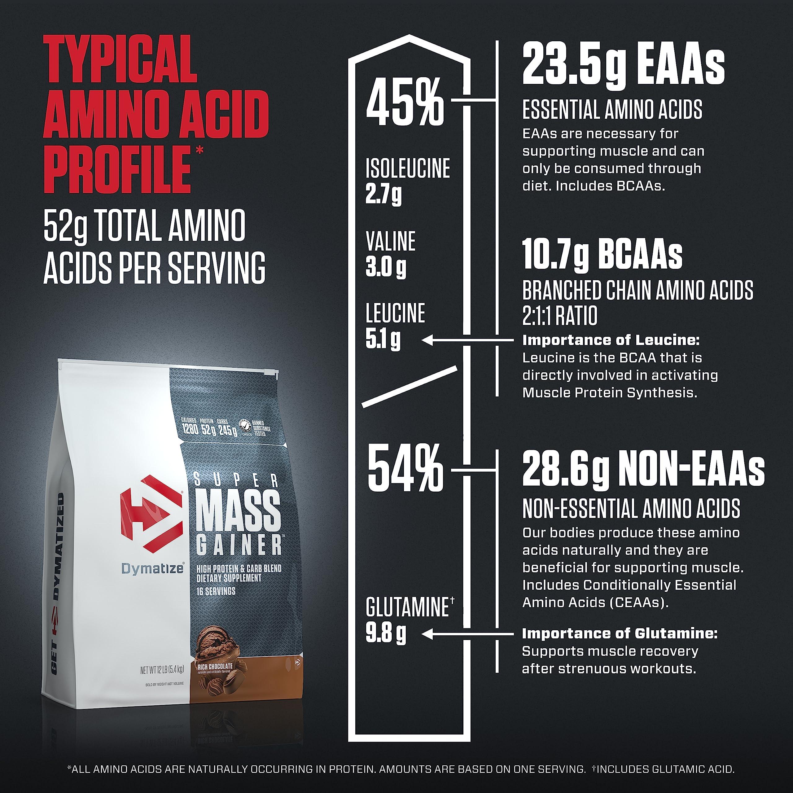 Dymatize Dymatize Super Mass Gainer Protein Powder, 1280 Calories & 52g Protein, 10.7g BCAAs, Mixes Easily, Tastes Delicious, Rich Chocolate, 12 lbs