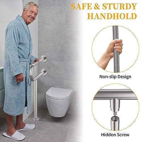 YuanDe Toilet Grab Bar 23.4 Inch, YuanDe Wall to Floor Brushed Nickel Bathroom Safety Bar w/Anti-Slip Knurled Grip, Stainless Steel Handicap Grab Bar with Leg,Support Bar for Disabled Elderly Pregnant