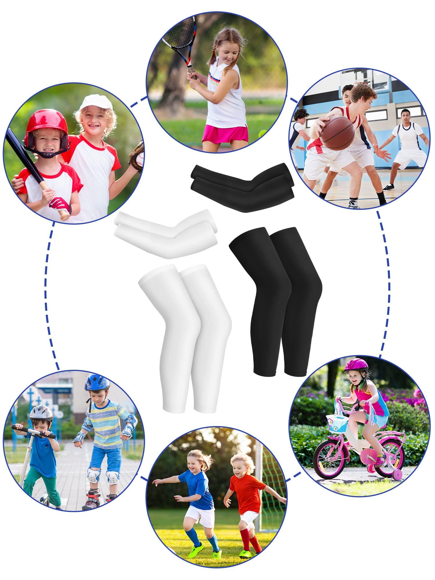 Leitee 8 Pairs Kids Long Compression Leg Sleeves and Compression Arm Sleeves Compression Sleeve Non Slip Leg Wraps for Boys Girls(Black, White)