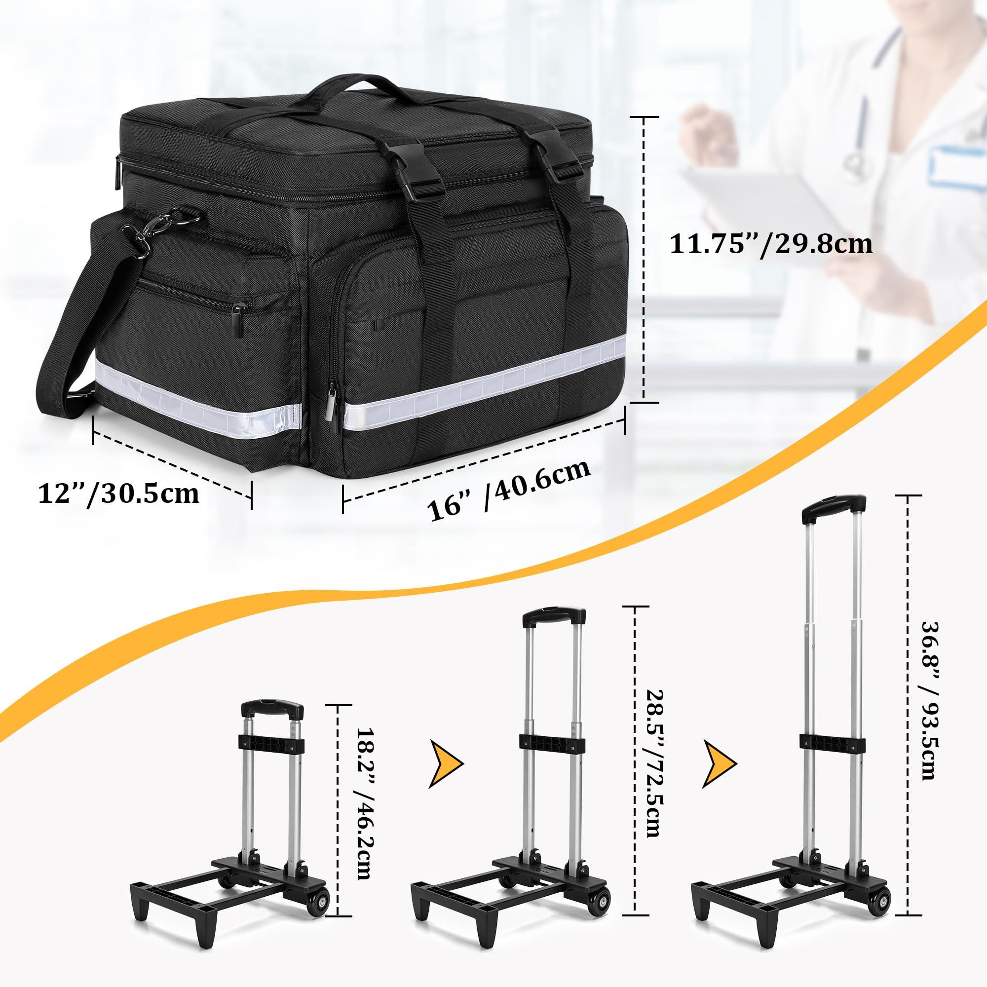 Damero Damero Rolling Medical Bag with Detachable Trolley, Medical Equipment Bag with Removable Pouches and Dividers, First Aid Responder Bag Empty for Home Health Nurses, Doctors, EMT, EMS, Black