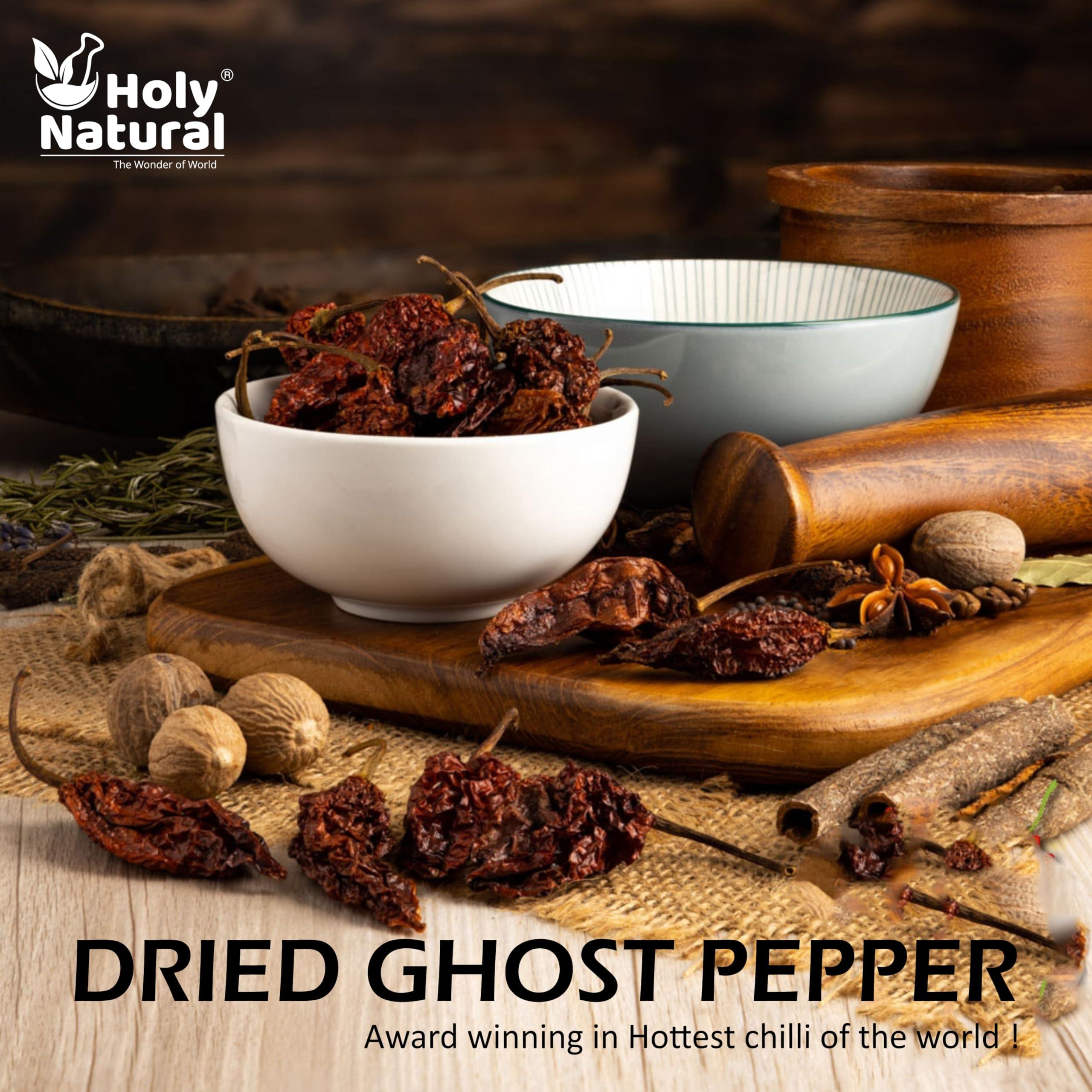 Holy Natural - The Wonder of World Ghost Pepper Chili Whole (Bhut Jolokia Chili/Ghost Pepper Pod) – 2.5 oz/71 gm, 100% Pure, Smoked, Hottest & Spicy Chili of the world, Add Unique, Delicious, and Smoky Flavour to Your Favourite Dishes