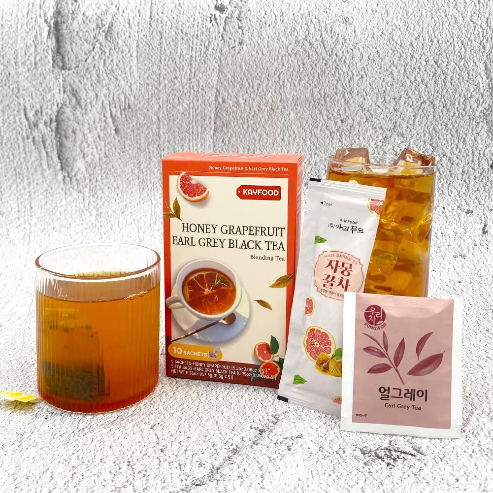 KAYFOOD KAYFOOD Garden Honey Grapefruit Tea Powdered & Earl Grey Black Tea Bag Mix 10 Sticks (5.56oz), (Honey Grapefruit 5 Sticks & Early Grey Black 5 Teabags)