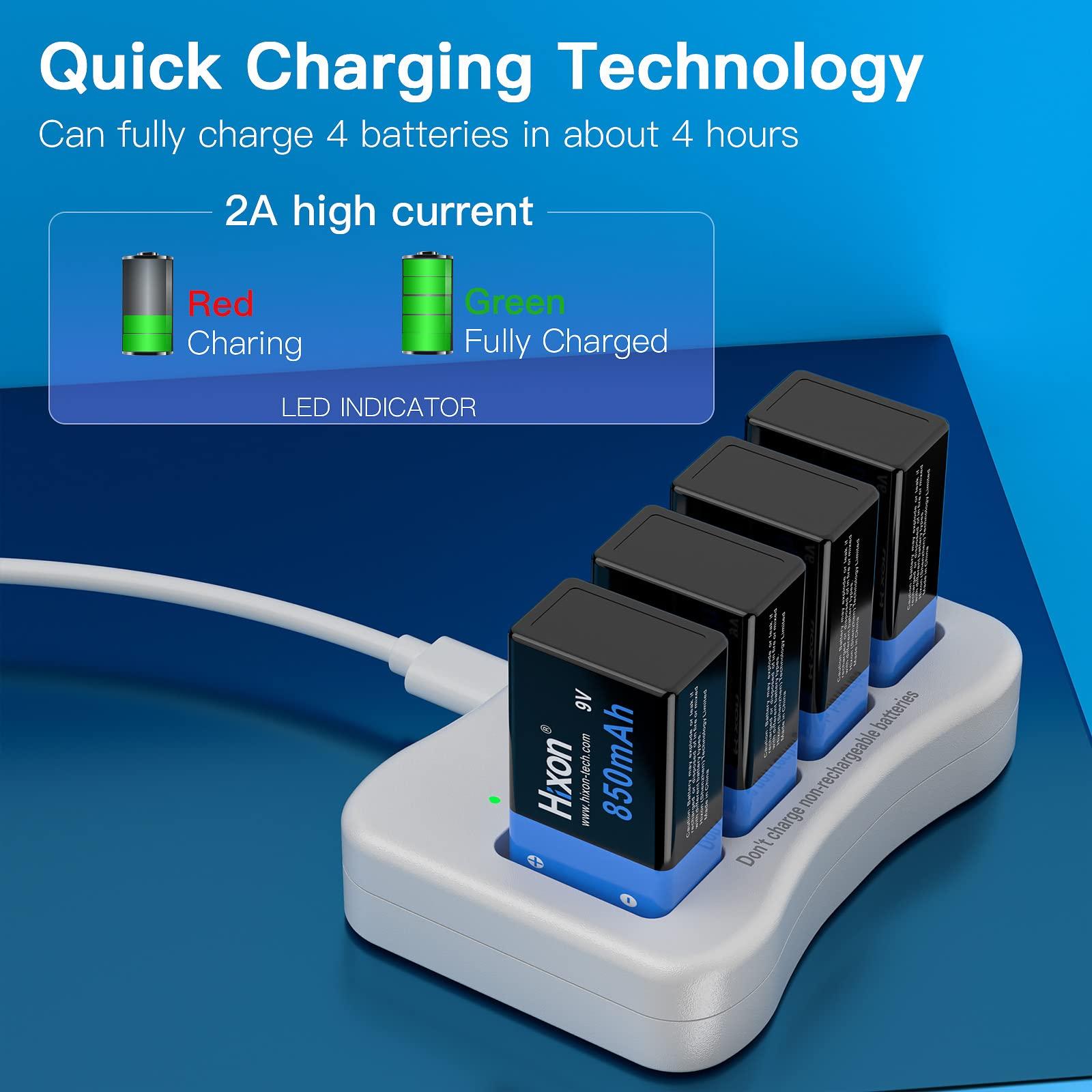 Hixon 9v Rechargeable Batteries,9 Volt Rechargeable Batteries with Charger kit,4-Pack 850mAh 9v Lithium Batteries for Alarms Wireless Microphones Smoke Detectors Toys Flashlights and More