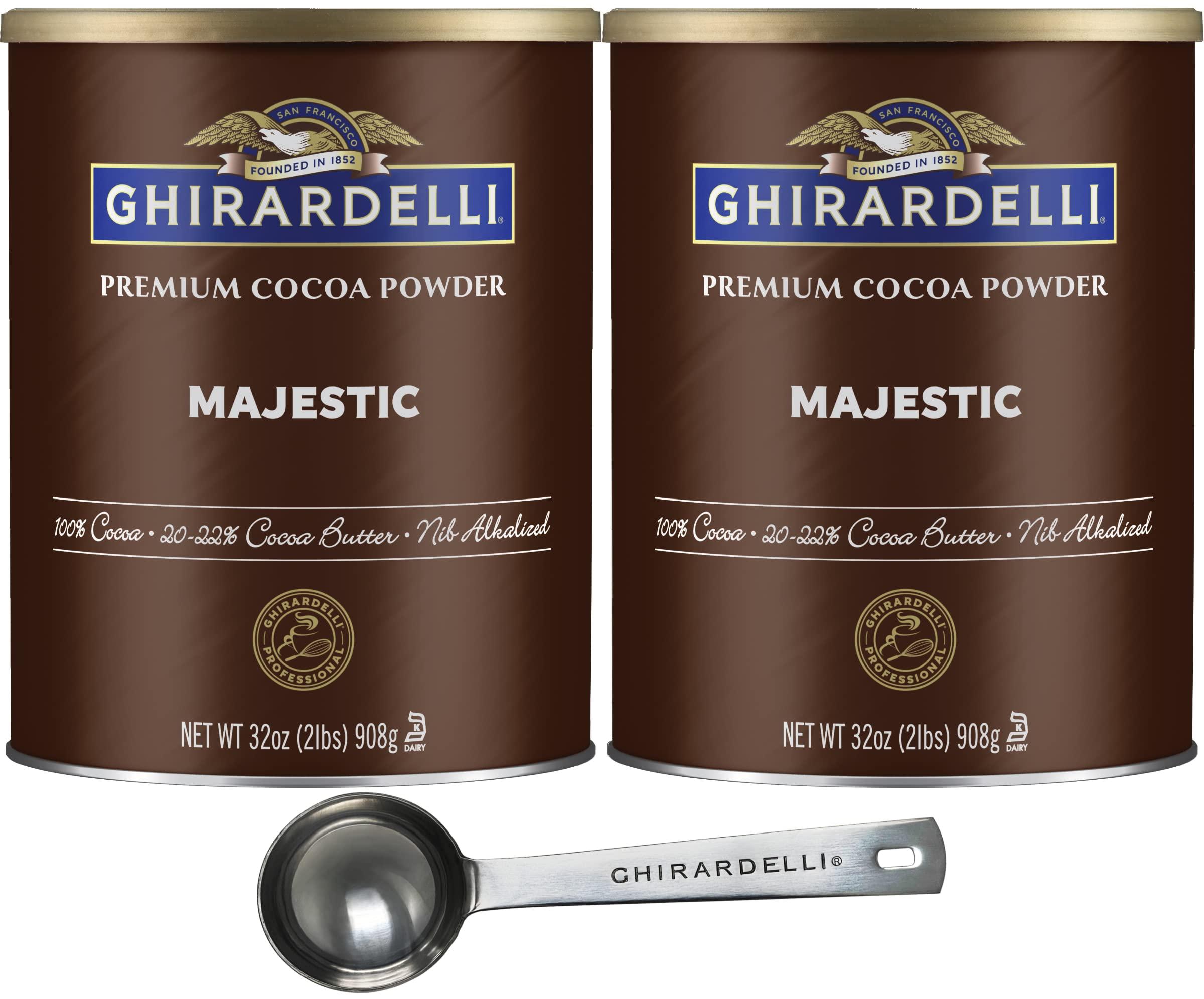 Ghirardelli Chocolate Company Ghirardelli Majestic Premium Cocoa Powder, 32 Ounce Can (Pack of 2) with Ghirardelli Stamped Barista Spoon