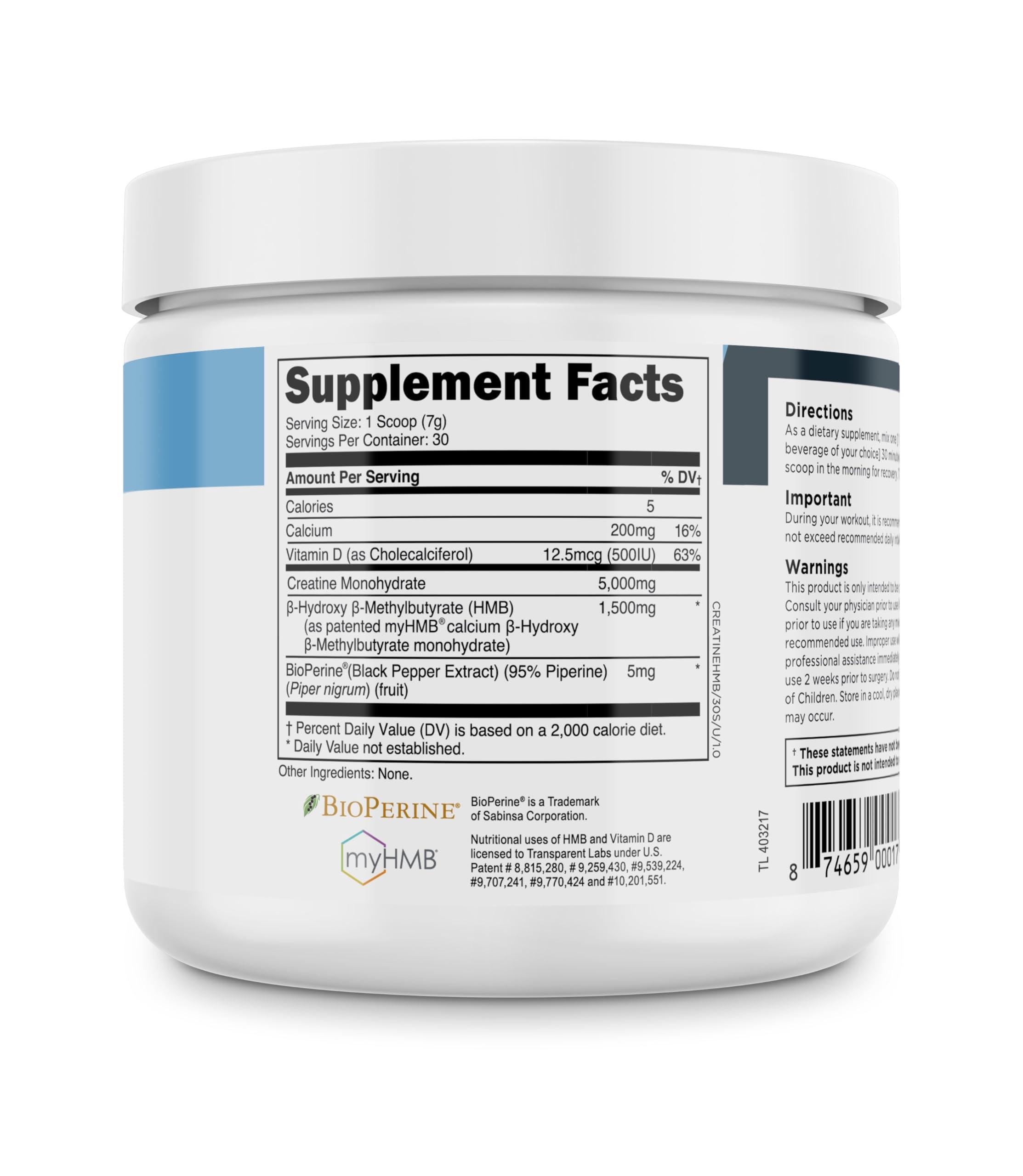 Transparent Labs Transparent Labs Creatine HMB - Creatine Monohydrate Powder with HMB for Muscle Growth, Increased Strength, Enhanced Energy Output, and Improved Athletic Performance - 30 Servings, Unflavored