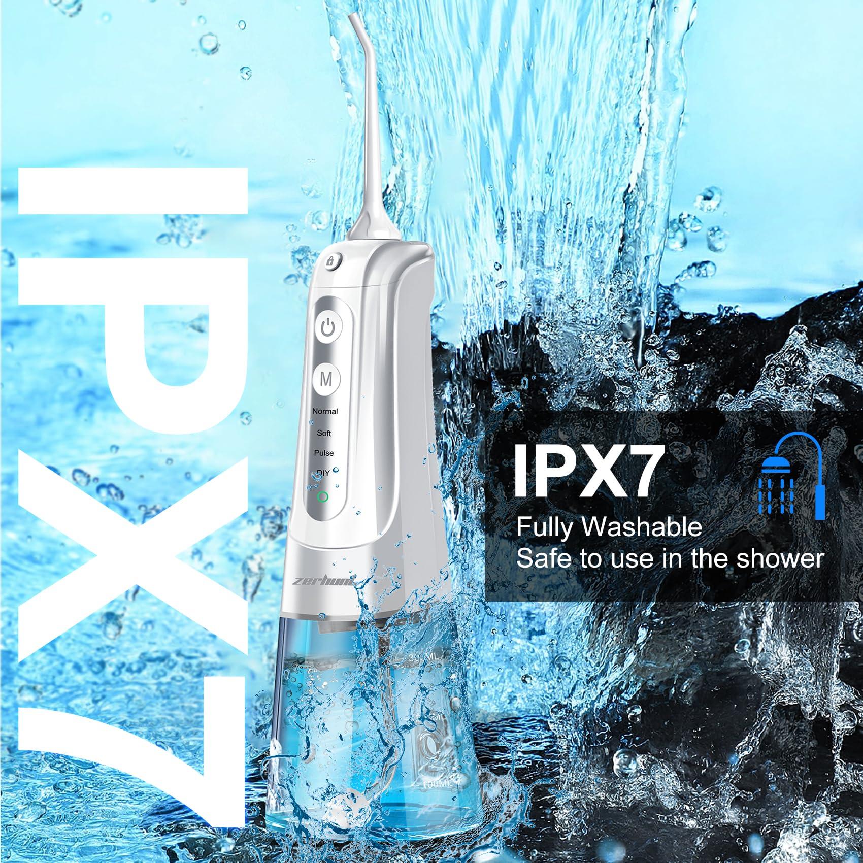 Zerhunt Water Flosser Pick for Teeth: 4 Modes Cordless Portable Water Flossers Teeth Cleaner Rechargeable 300ML IPX7 Waterproof Oral Irrigator Flossing Cleaning Picks for Home Travel
