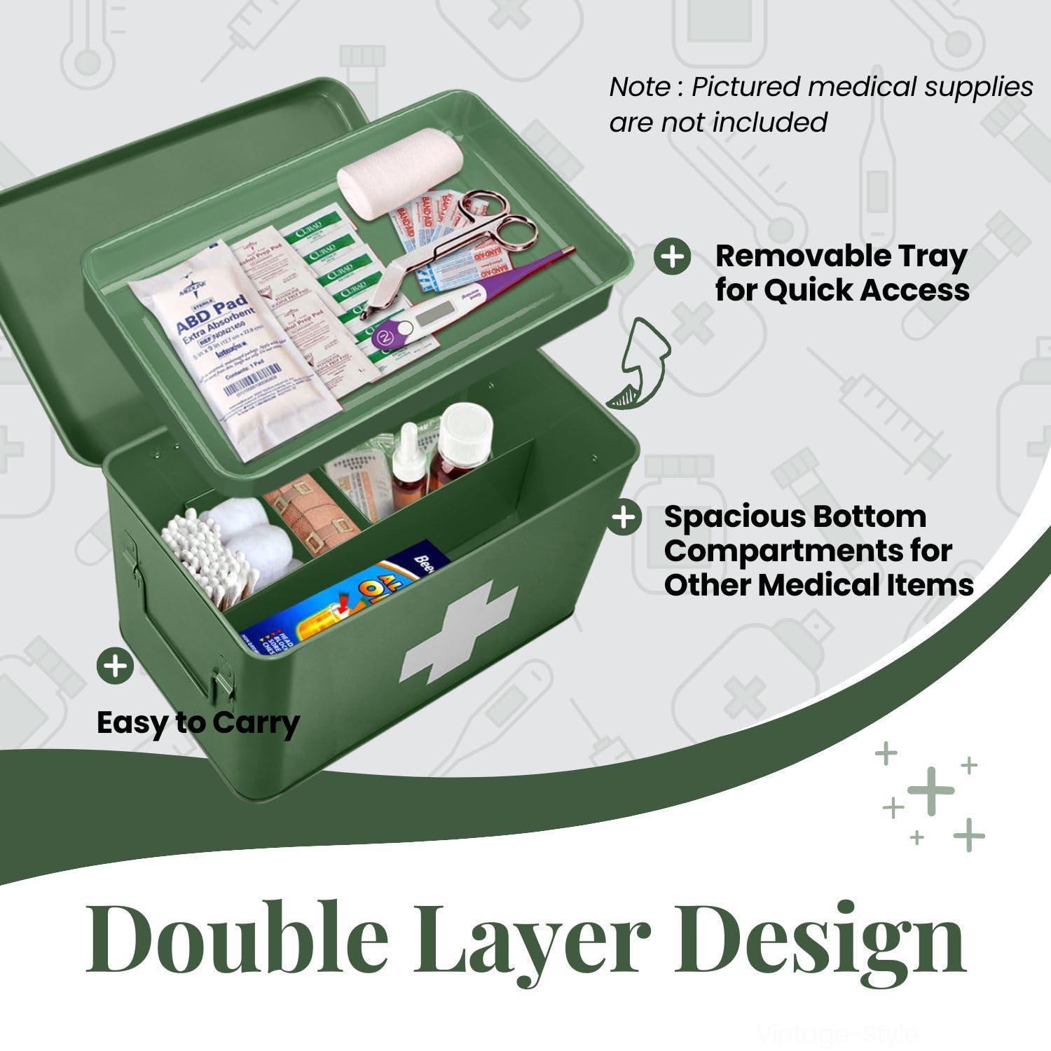 Flexzion Flexzion First Aid Box Organizer - Empty 13\" Green Vintage First Aid Kit Tin Metal Medical Box - First Aid Storage Box Container Bins with Dividers, Removable Tray and White Cross Logo