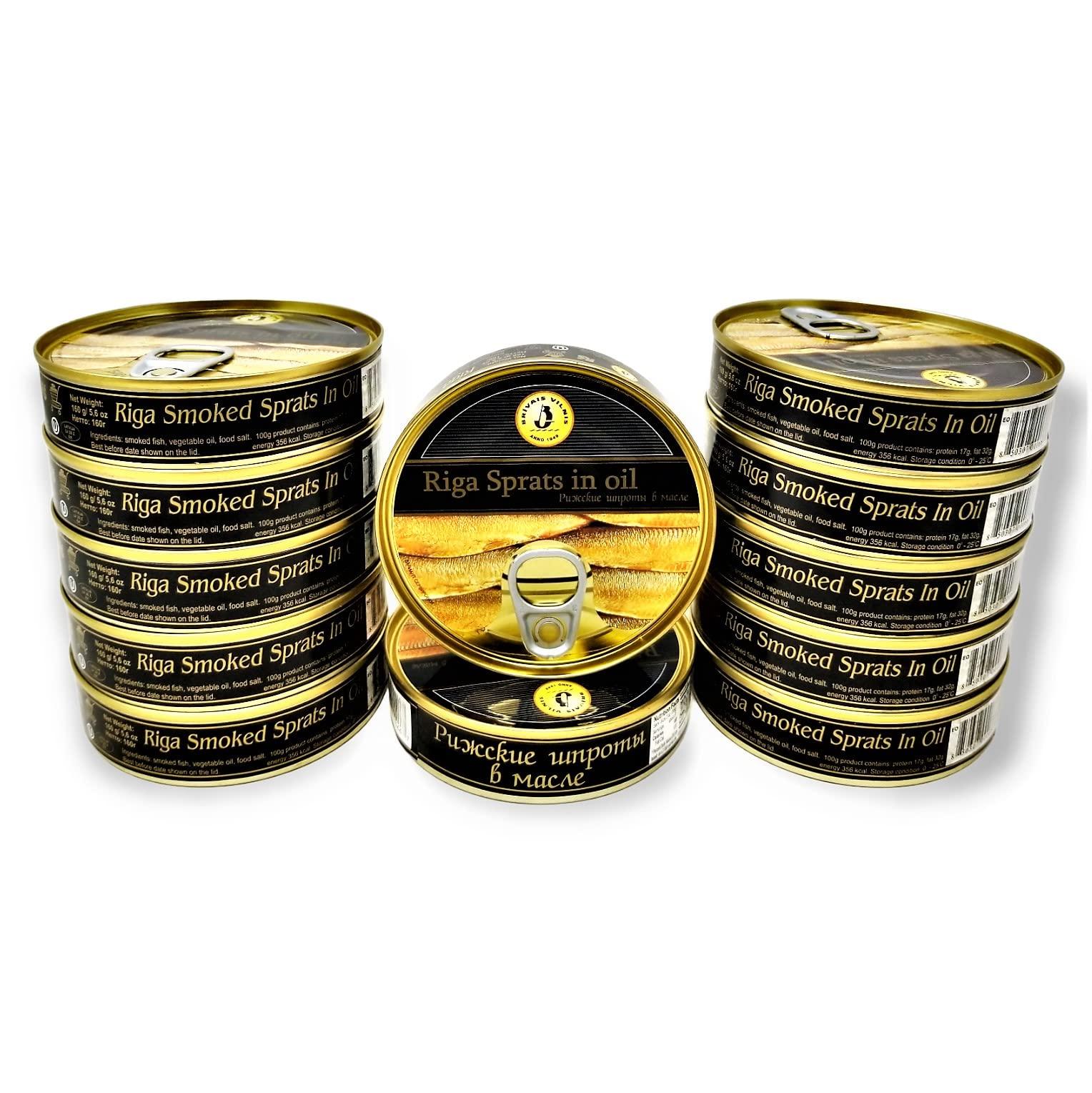 Brivais Vilnis Brivais Vilnis Riga Smoked Sprats in Oil, Product of Lativa, Kosher, 5.6 oz, 160 grams, Pack of 12